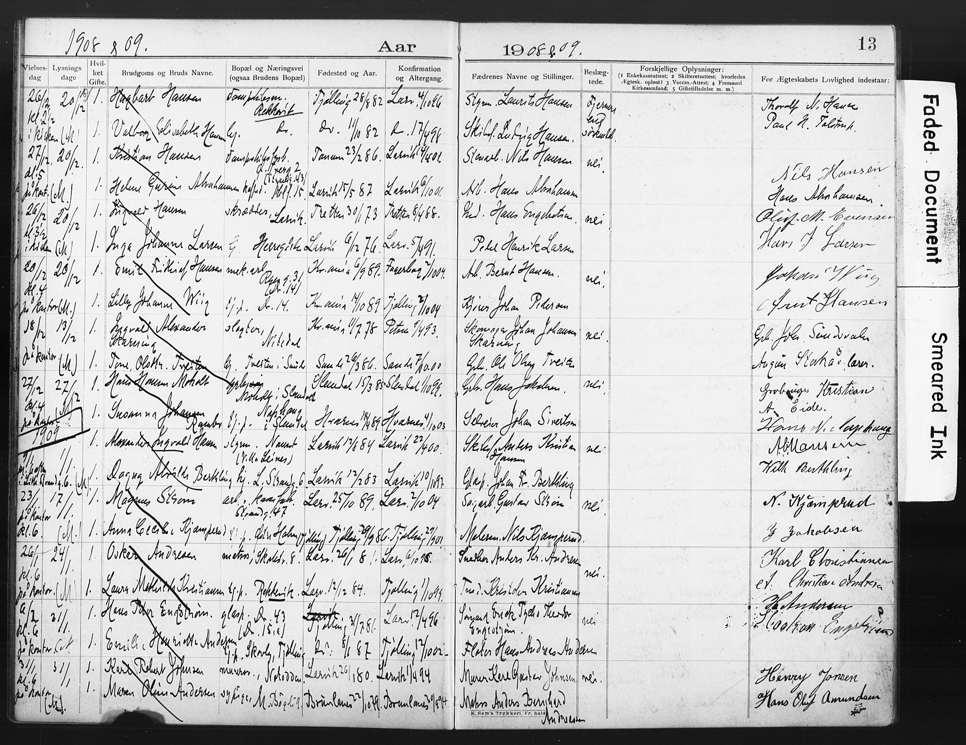 Larvik kirkebøker, AV/SAKO-A-352/H/Ha/L0003: Banns register no. 3, 1907-1918, p. 13