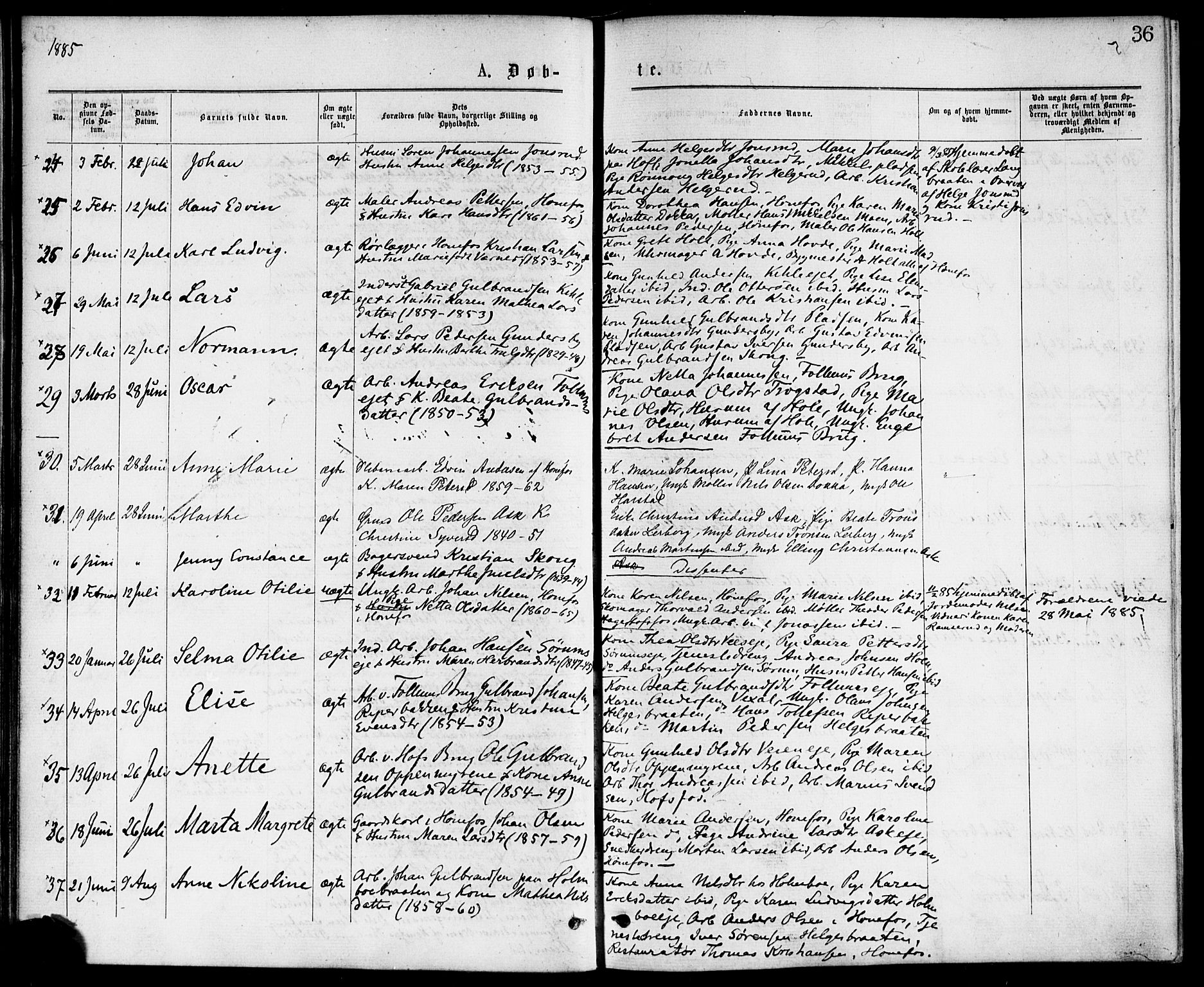 Hønefoss kirkebøker, AV/SAKO-A-609/F/Fa/L0001: Parish register (official) no. 1, 1875-1887, p. 36