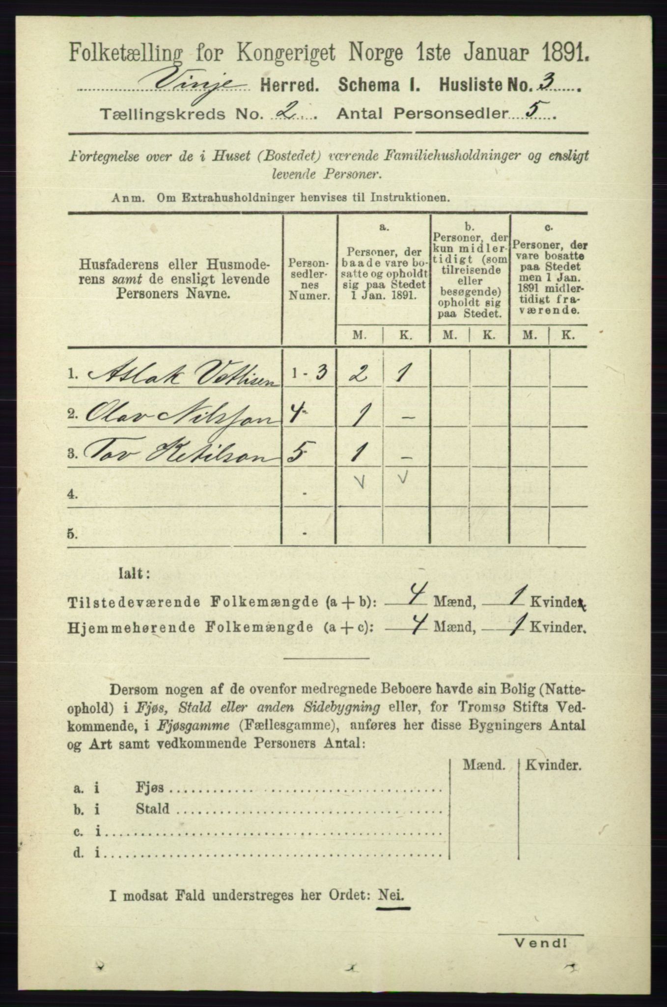 RA, 1891 census for 0834 Vinje, 1891, p. 320