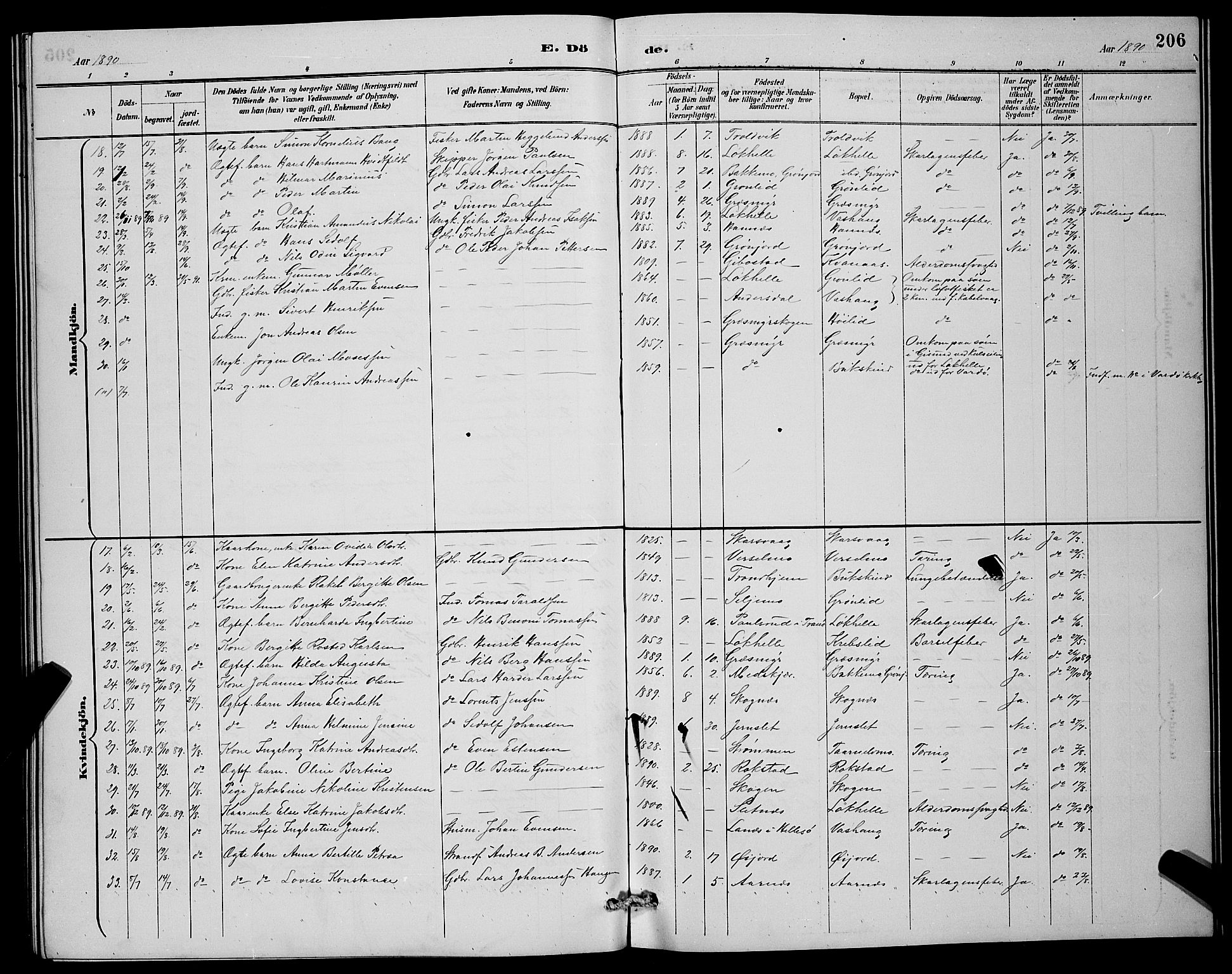 Lenvik sokneprestembete, SATØ/S-1310/H/Ha/Hab/L0007klokker: Parish register (copy) no. 7, 1890-1898, p. 206