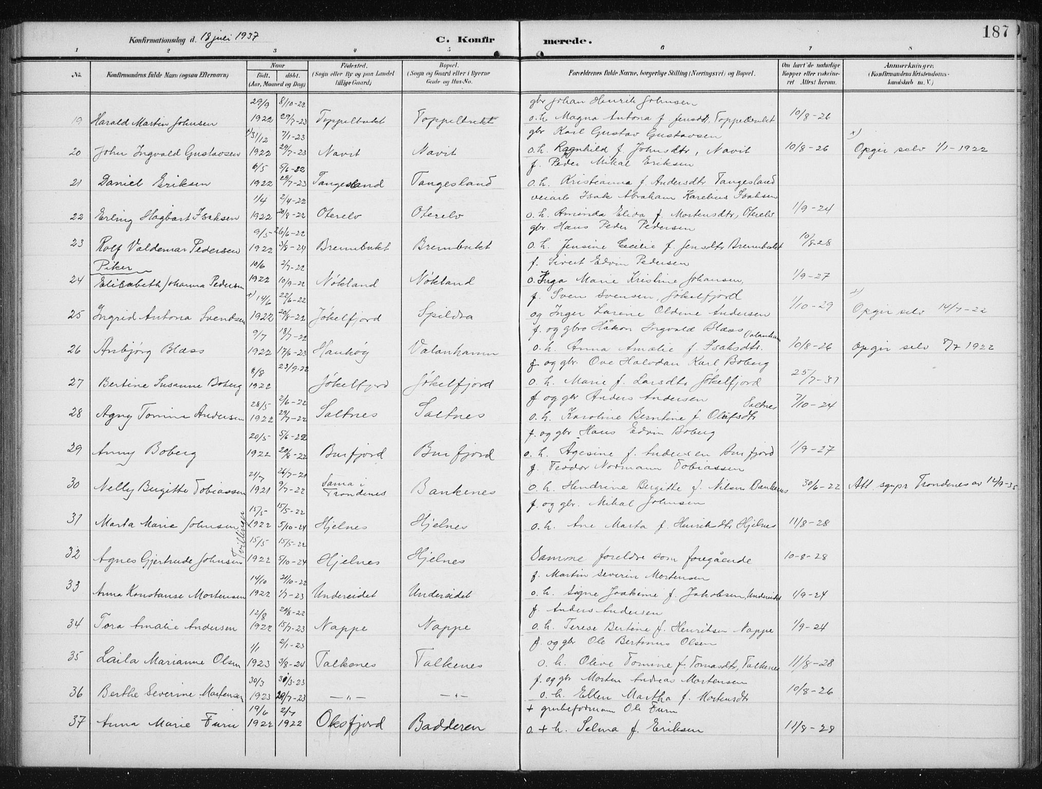 Skjervøy sokneprestkontor, AV/SATØ-S-1300/H/Ha/Hab/L0017klokker: Parish register (copy) no. 17, 1906-1941, p. 187