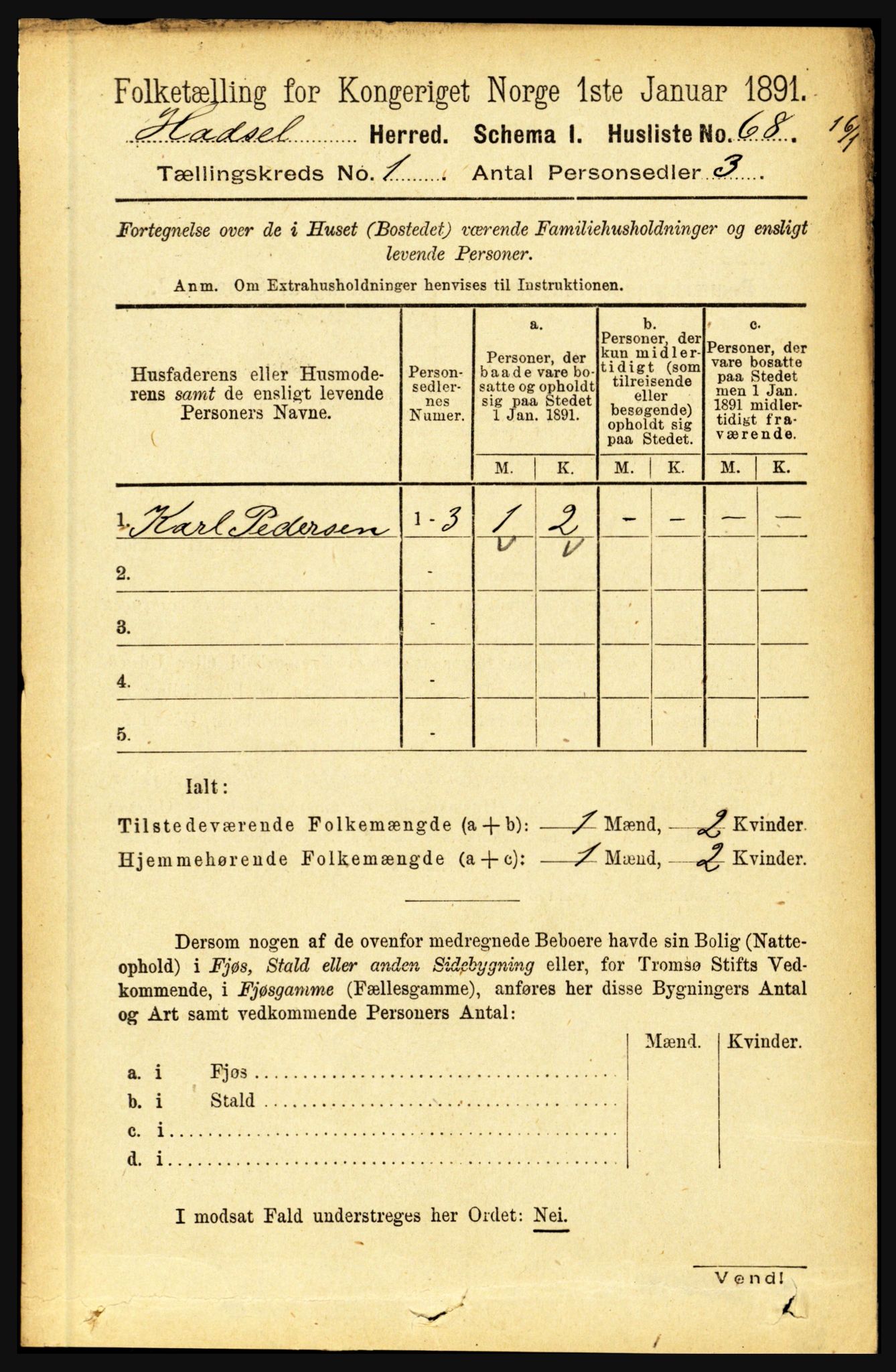 RA, 1891 census for 1866 Hadsel, 1891, p. 108