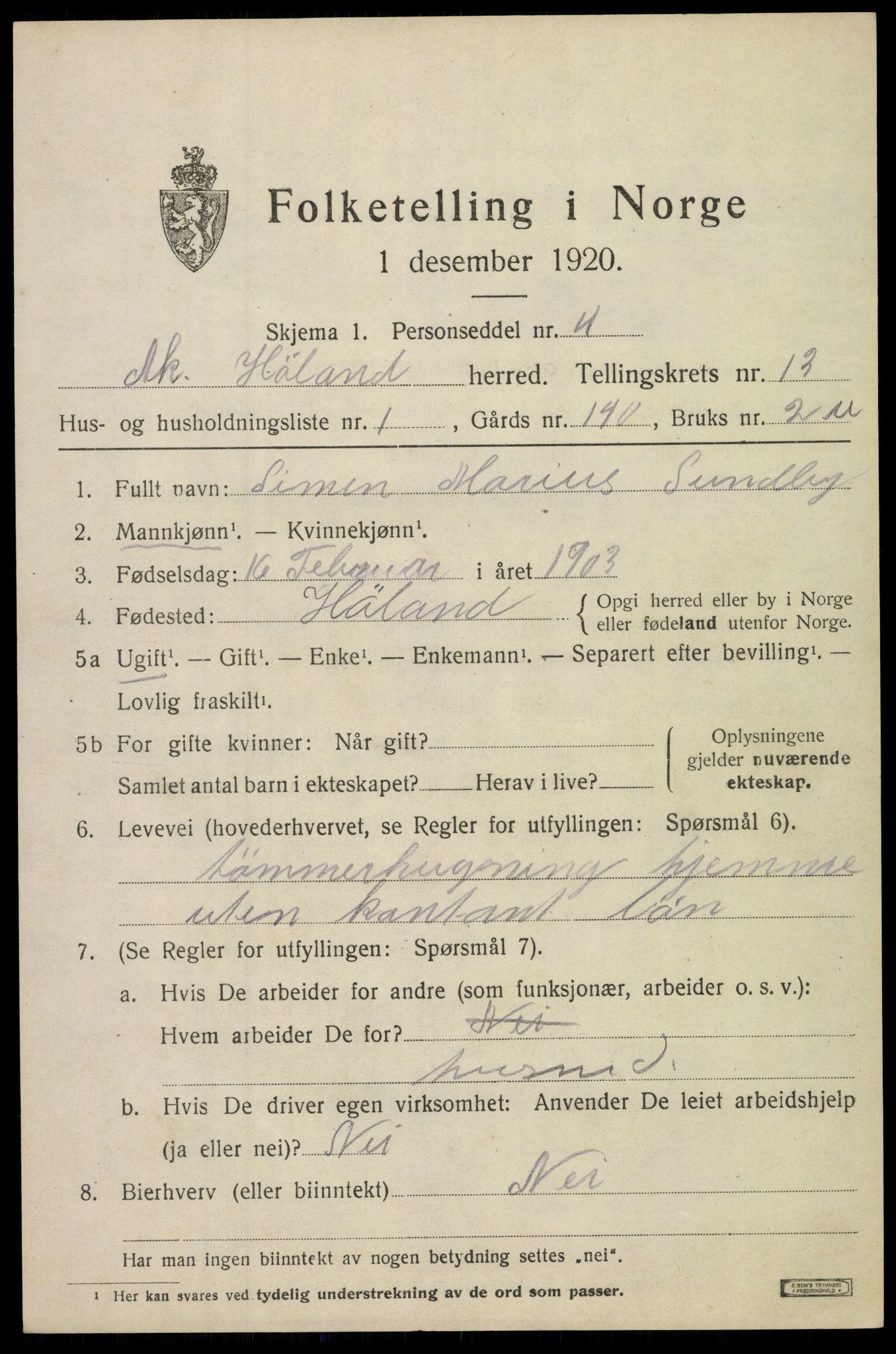 SAO, 1920 census for Høland, 1920, p. 12721