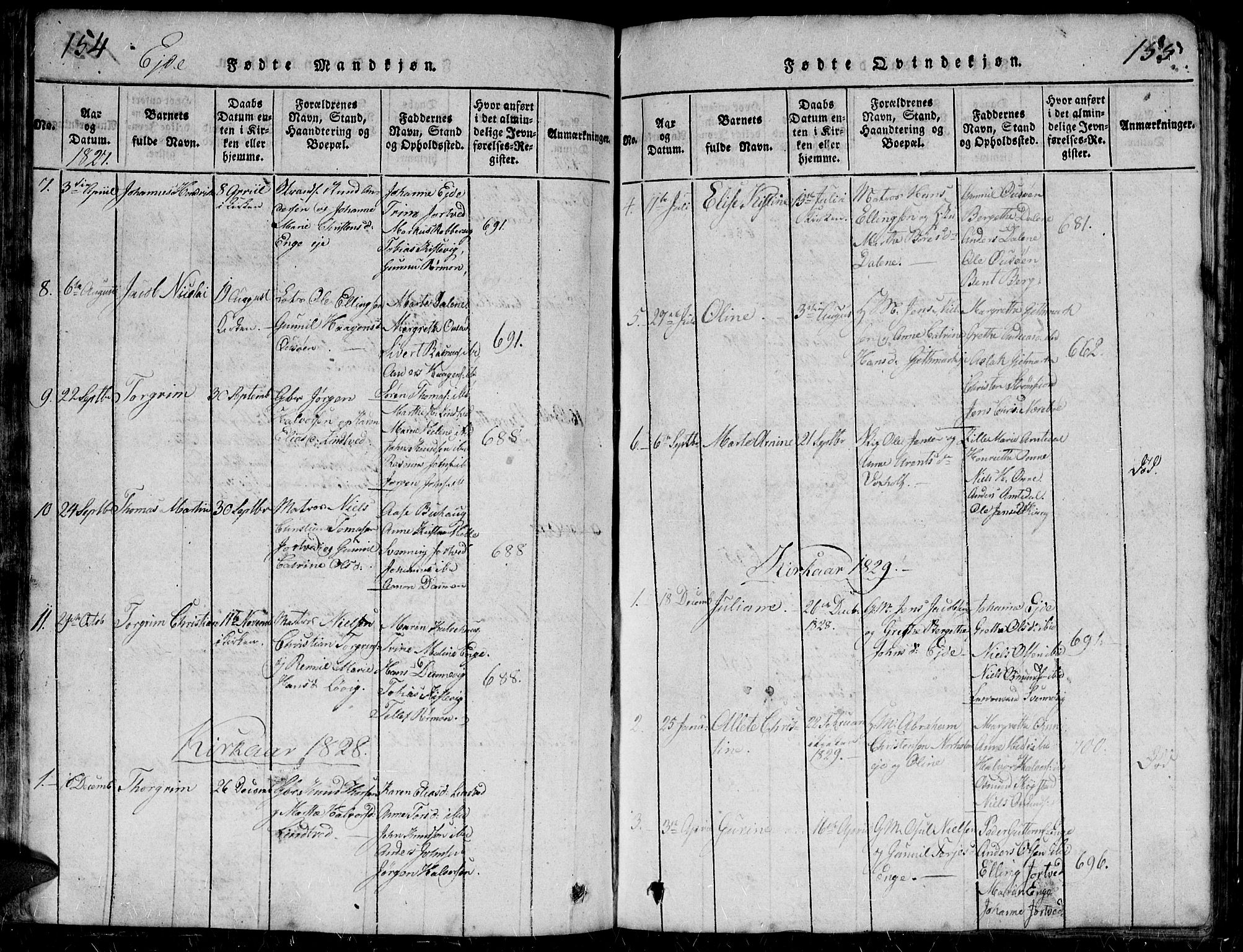 Hommedal sokneprestkontor, AV/SAK-1111-0023/F/Fb/Fbb/L0003: Parish register (copy) no. B 3 /2, 1816-1850, p. 154-155