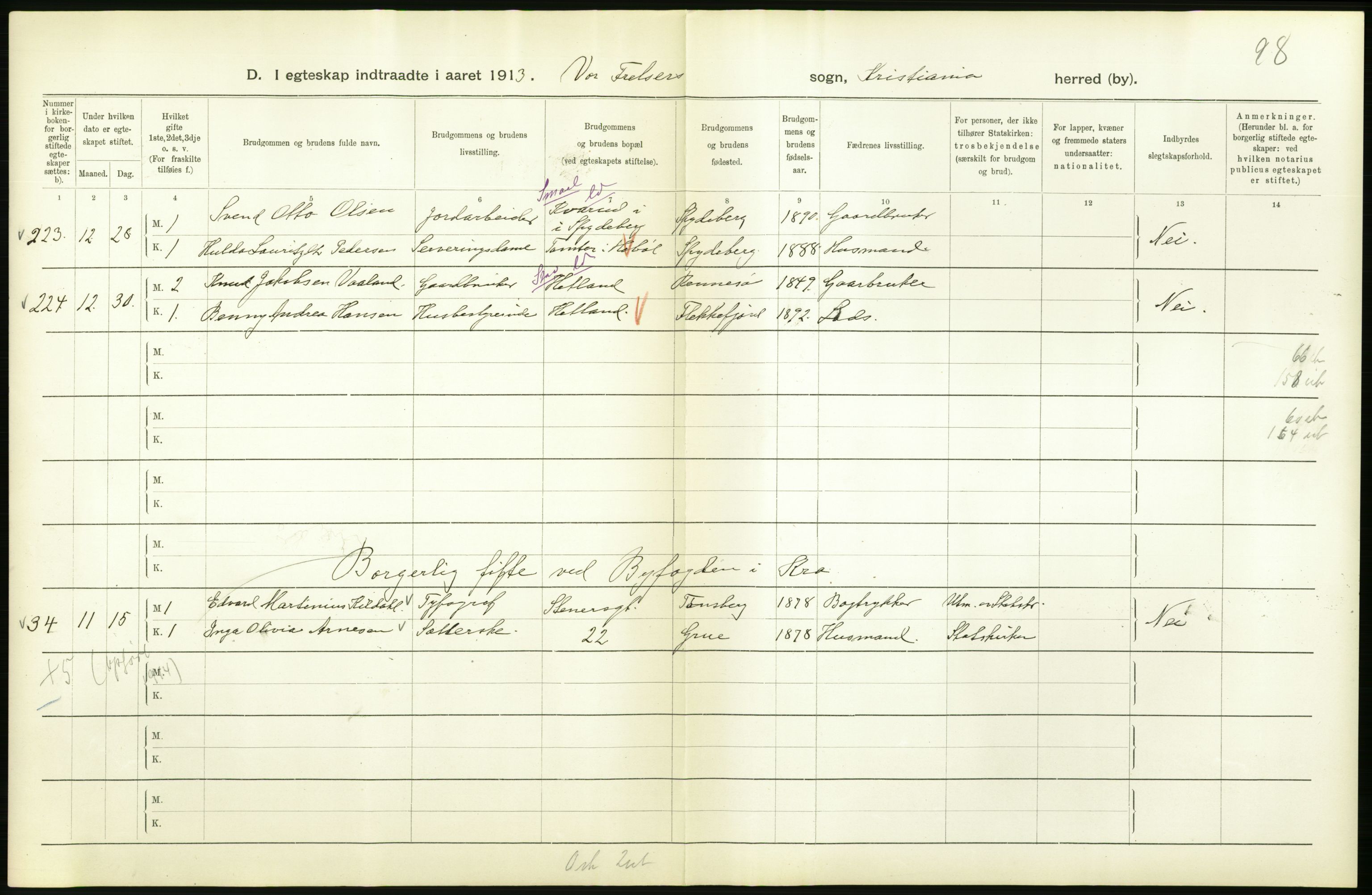 Statistisk sentralbyrå, Sosiodemografiske emner, Befolkning, AV/RA-S-2228/D/Df/Dfb/Dfbc/L0008: Kristiania: Gifte., 1913, p. 772