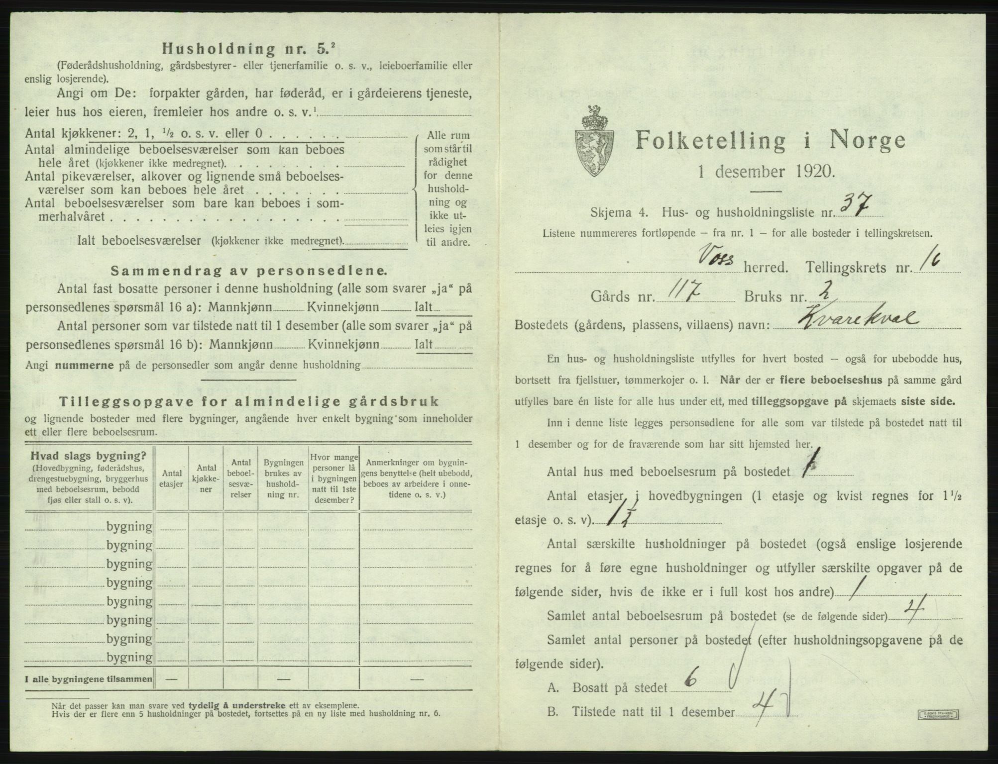 SAB, 1920 census for Voss, 1920, p. 1609