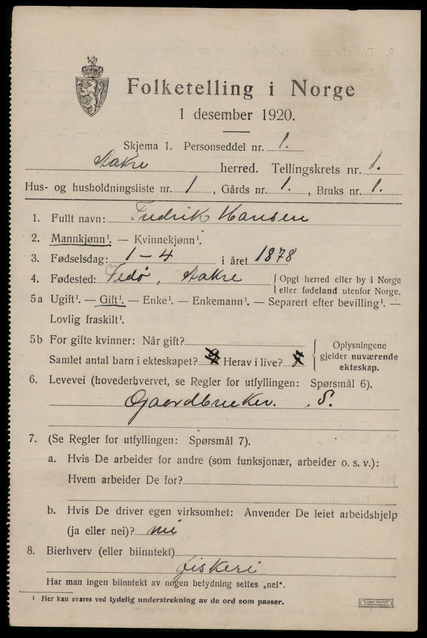 SAST, 1920 census for Åkra, 1920, p. 1256