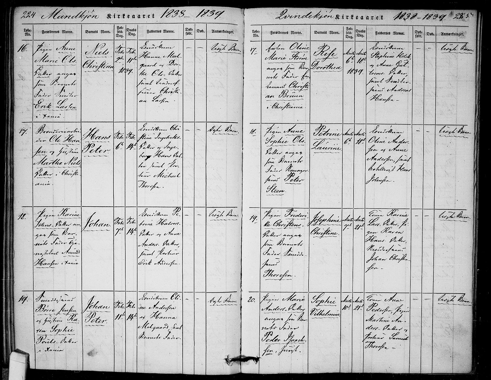 Rikshospitalet prestekontor Kirkebøker, SAO/A-10309b/F/L0002: Parish register (official) no. 2, 1832-1840, p. 224-225