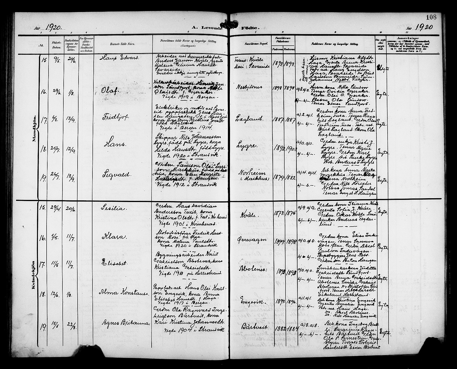 Fusa sokneprestembete, AV/SAB-A-75401/H/Hab: Parish register (copy) no. C 3, 1903-1920, p. 108