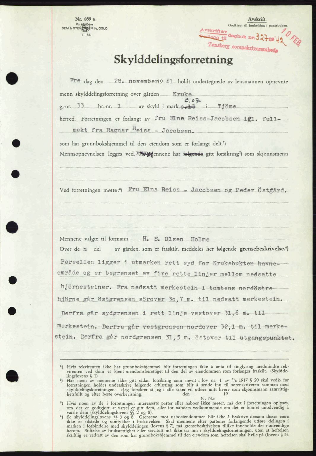 Tønsberg sorenskriveri, AV/SAKO-A-130/G/Ga/Gaa/L0011: Mortgage book no. A11, 1941-1942, Diary no: : 327/1942