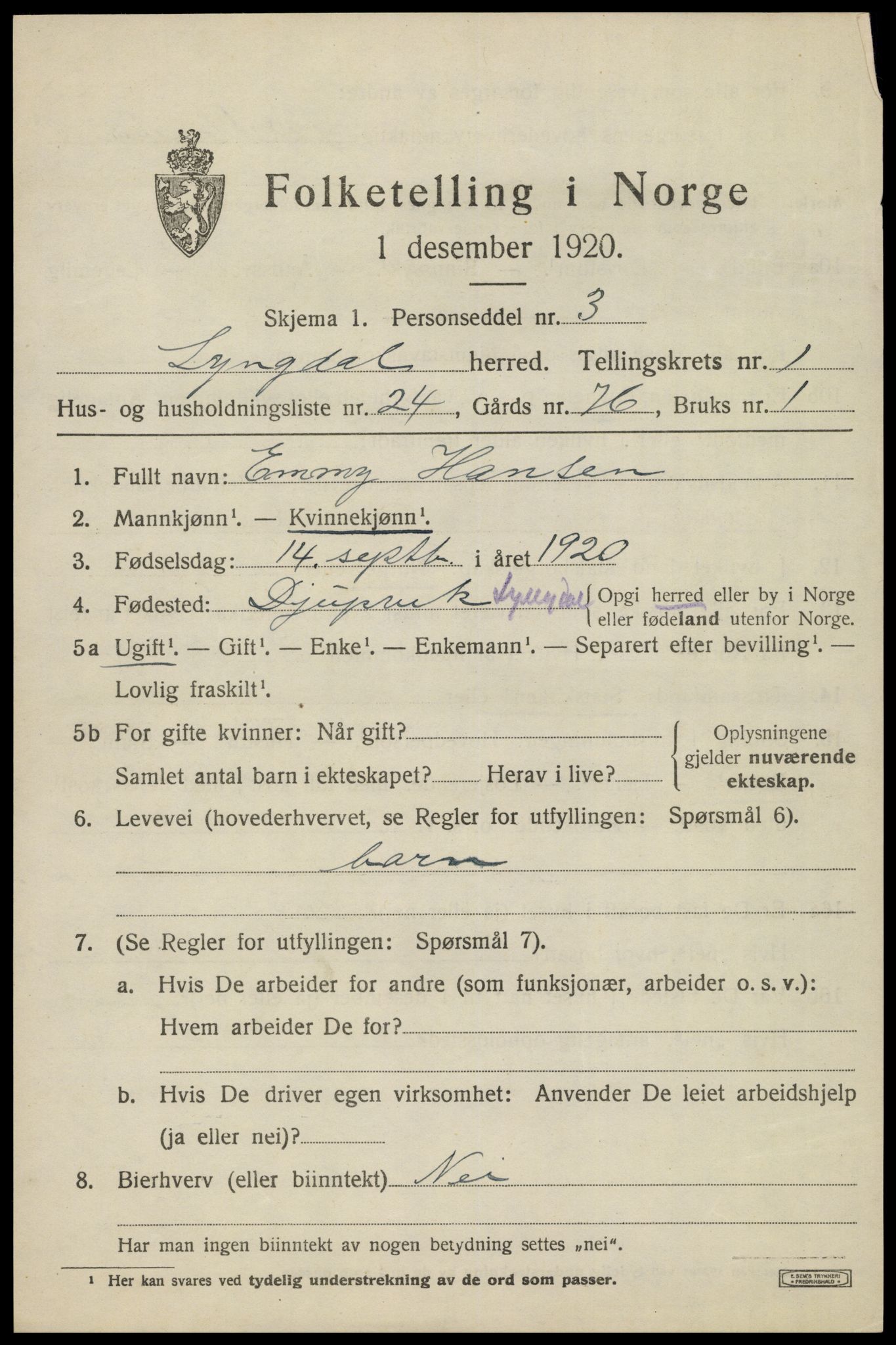 SAK, 1920 census for Lyngdal, 1920, p. 1573