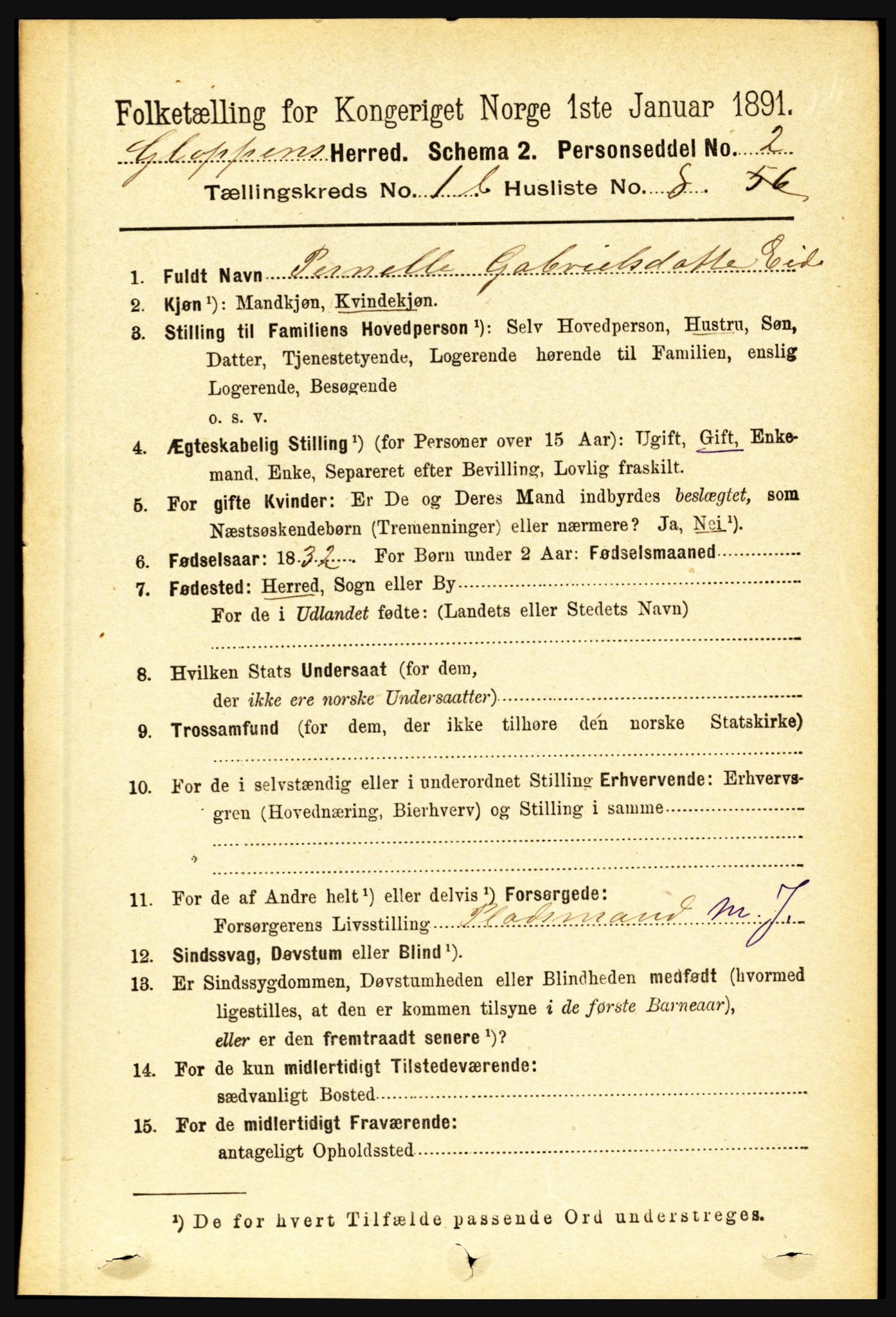 RA, 1891 census for 1445 Gloppen, 1891, p. 452