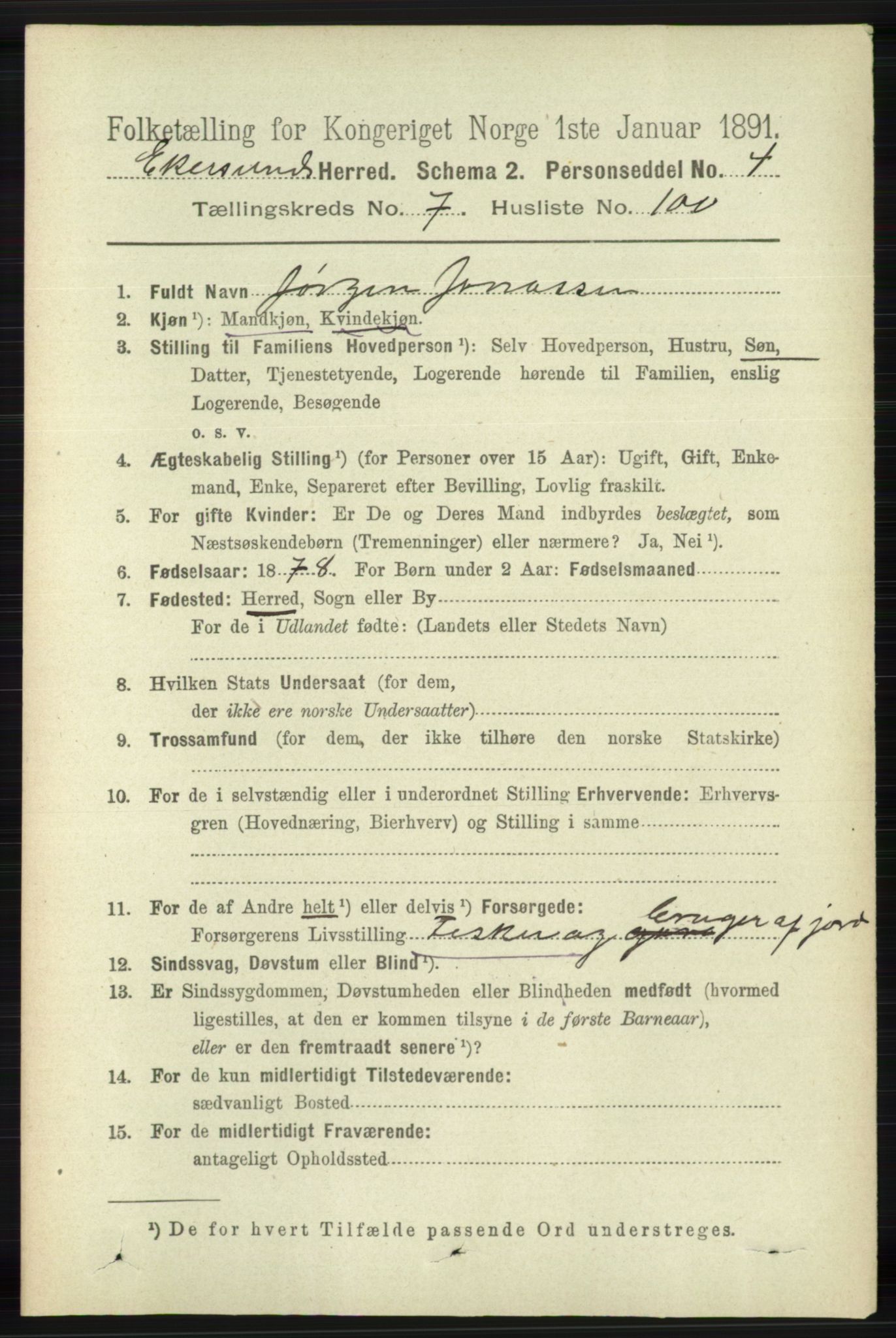 RA, 1891 census for 1116 Eigersund herred, 1891, p. 3406