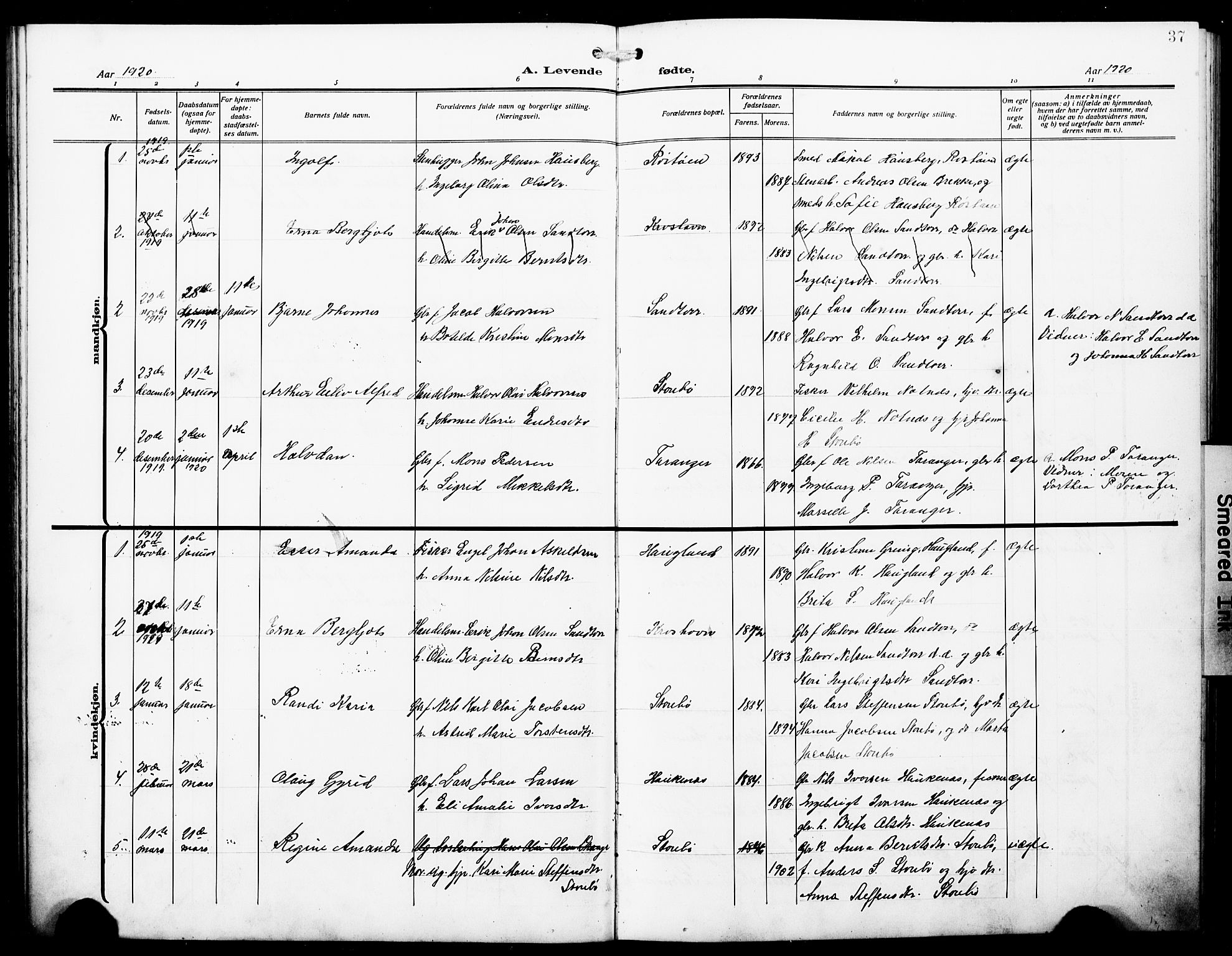 Austevoll Sokneprestembete, SAB/A-74201/H/Hab: Parish register (copy) no. A 5, 1913-1925, p. 37