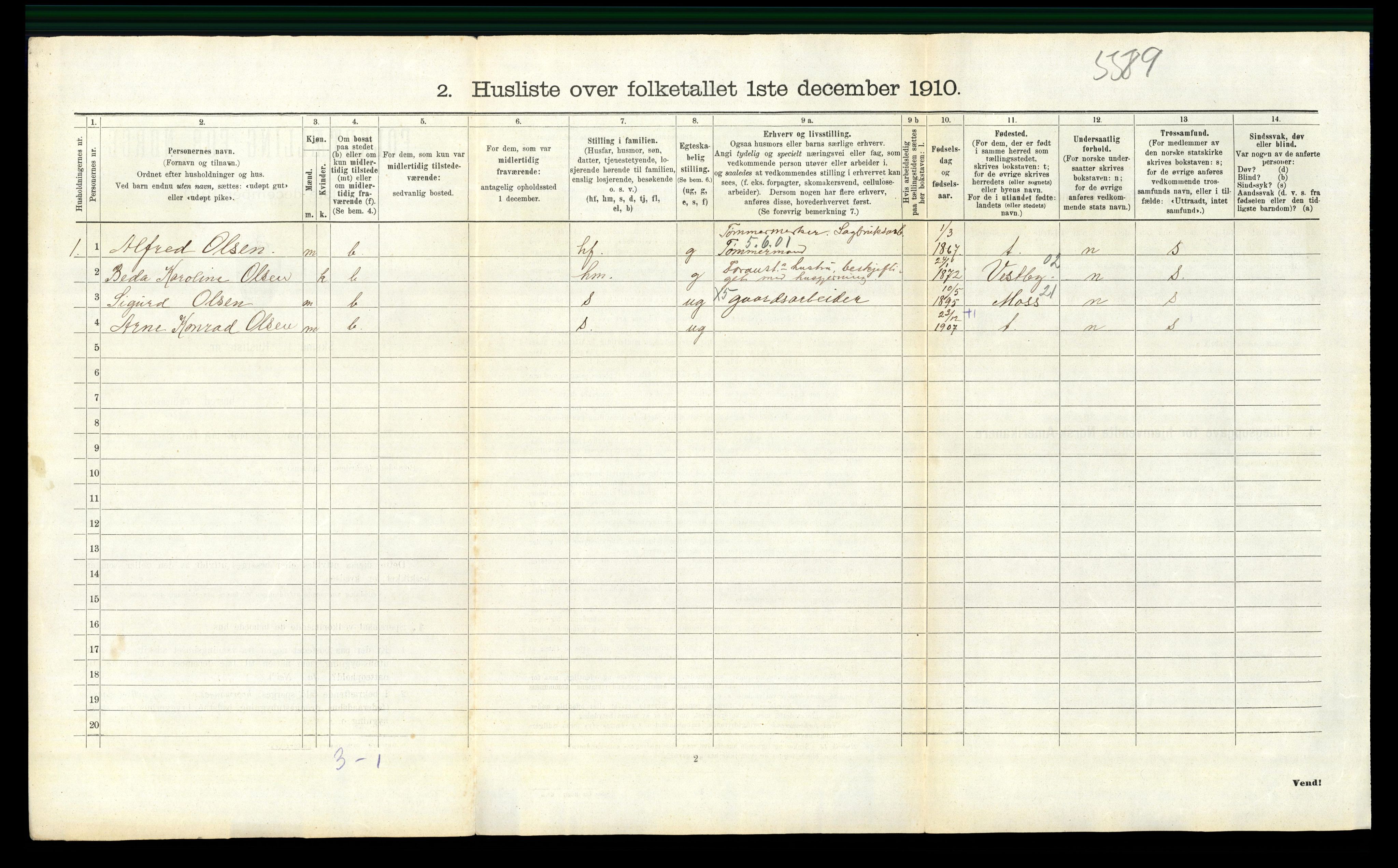 RA, 1910 census for Moss, 1910, p. 707