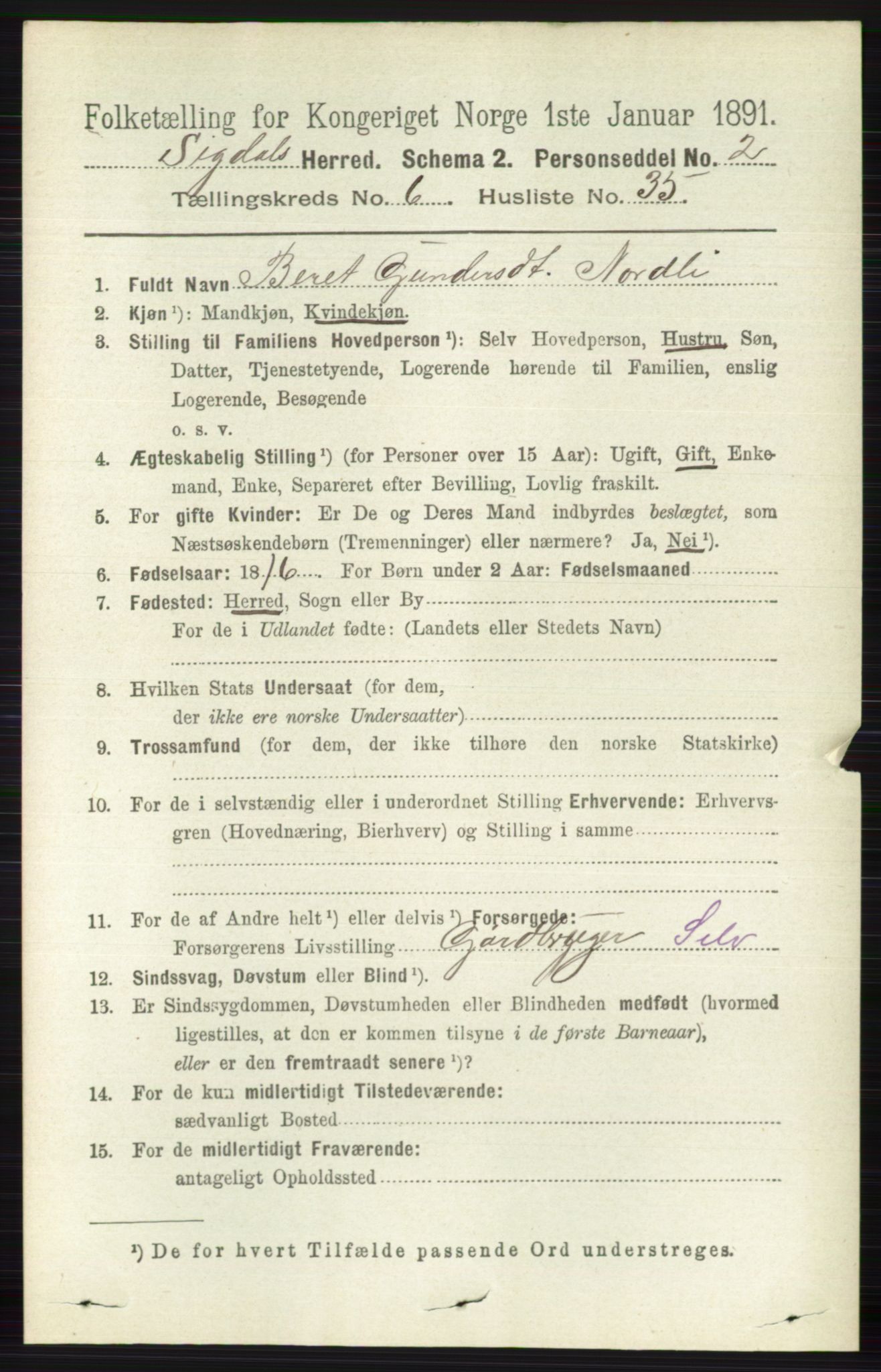 RA, 1891 census for 0621 Sigdal, 1891, p. 2612