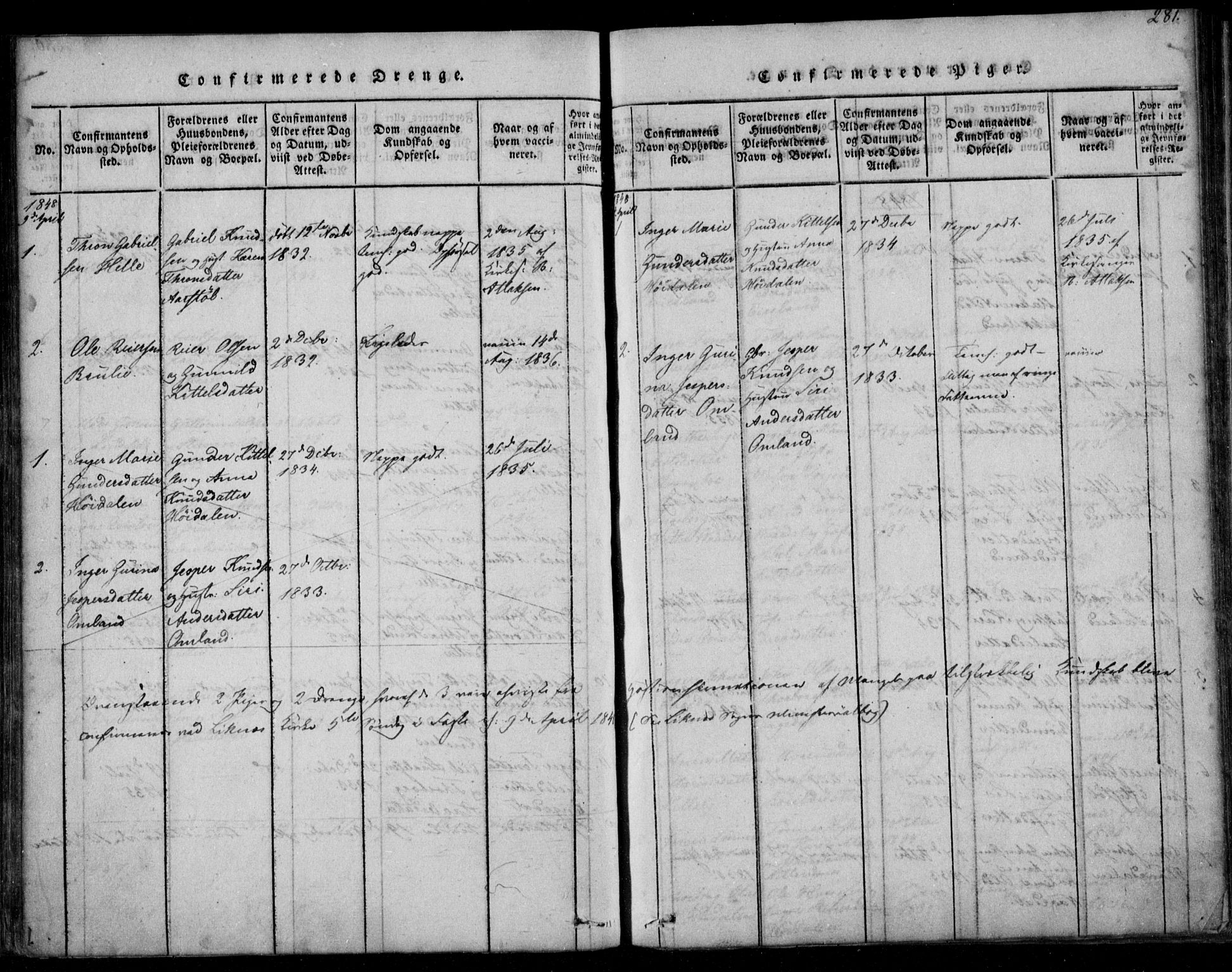 Fjotland sokneprestkontor, AV/SAK-1111-0010/F/Fb/L0001: Parish register (copy) no. B 1, 1816-1849, p. 281