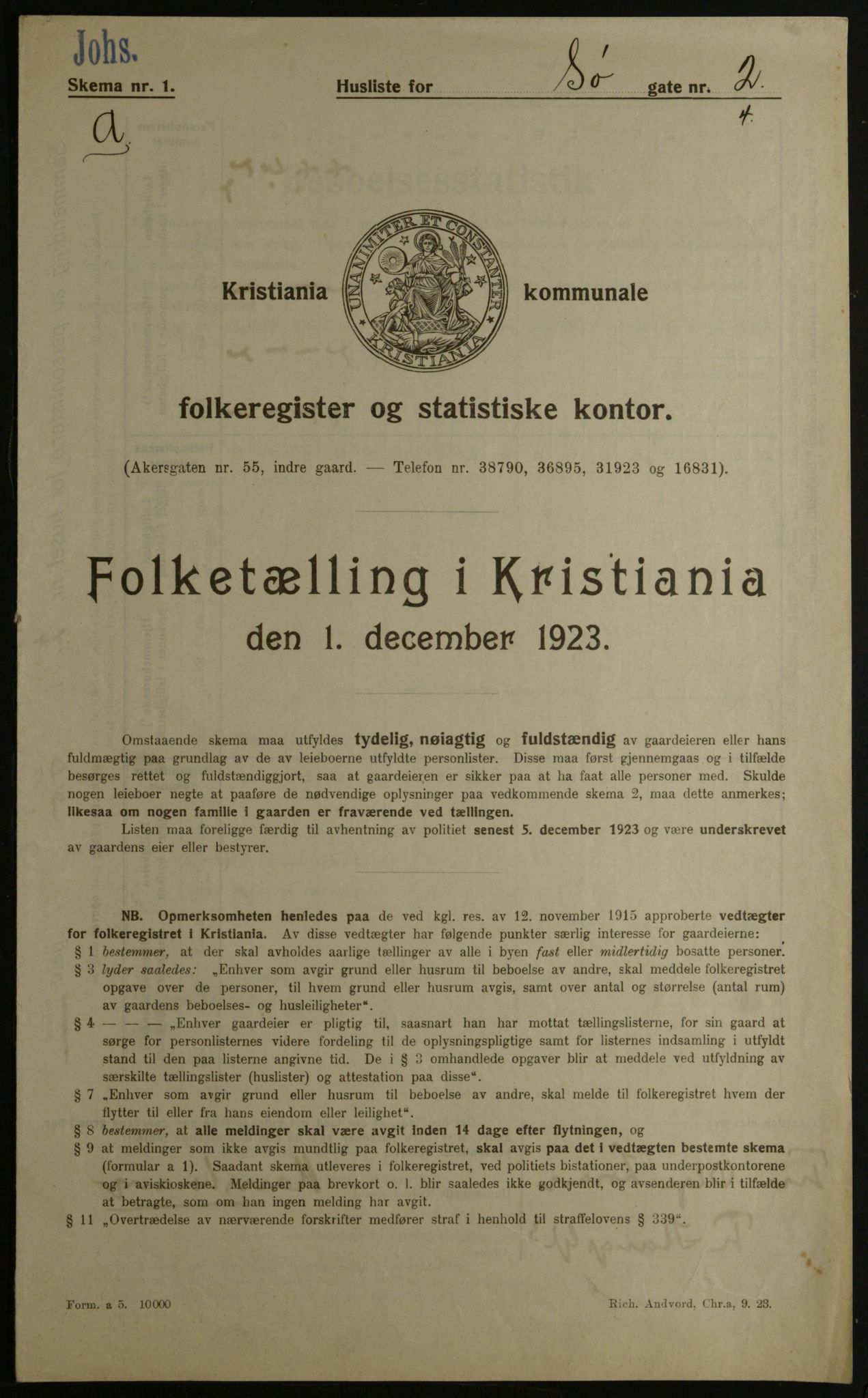 OBA, Municipal Census 1923 for Kristiania, 1923, p. 105398