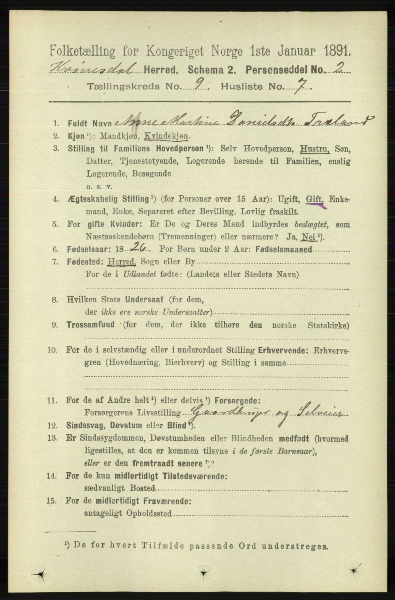 RA, 1891 census for 1037 Kvinesdal, 1891, p. 3322