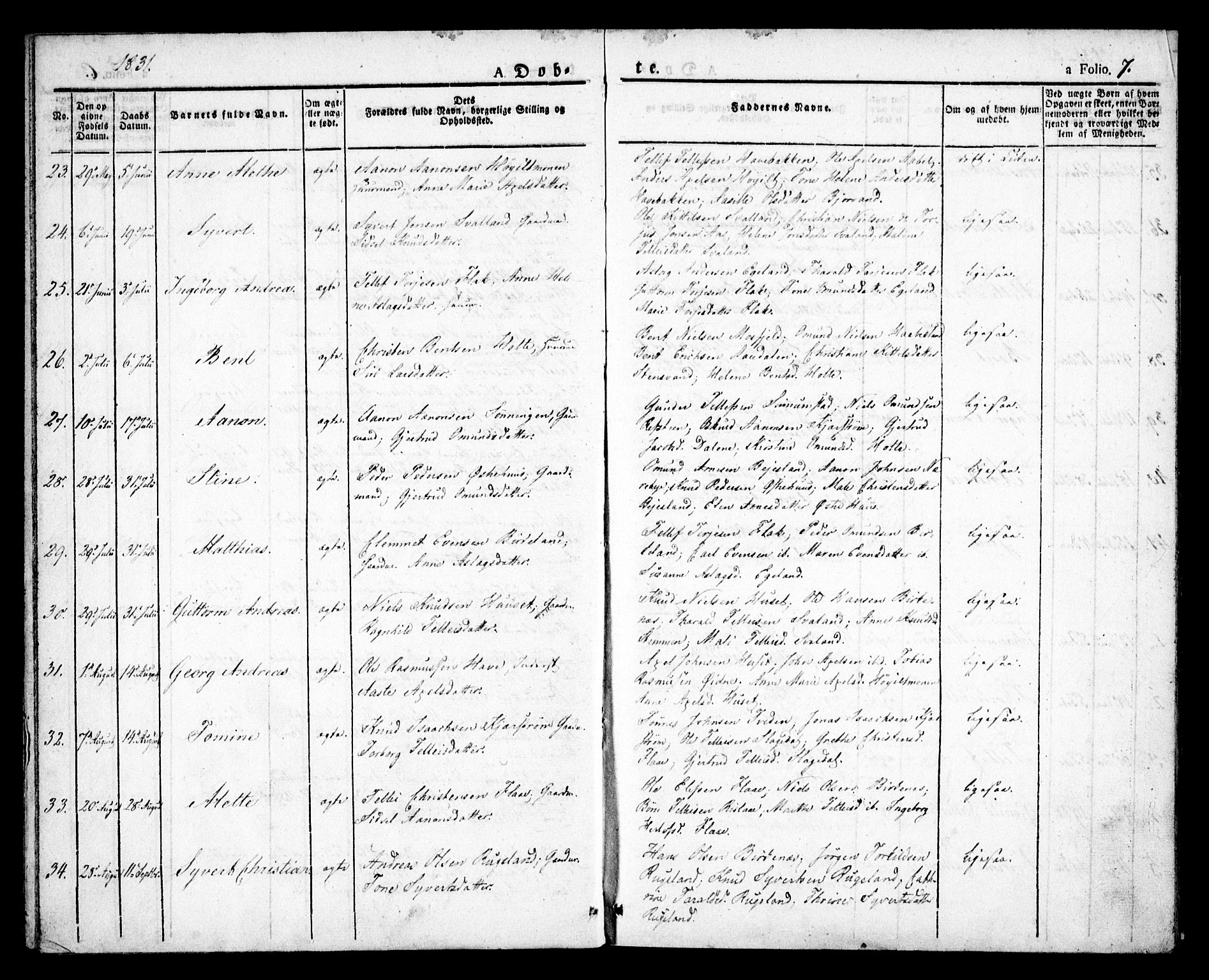 Birkenes sokneprestkontor, AV/SAK-1111-0004/F/Fa/L0001: Parish register (official) no. A 1, 1829-1849, p. 7