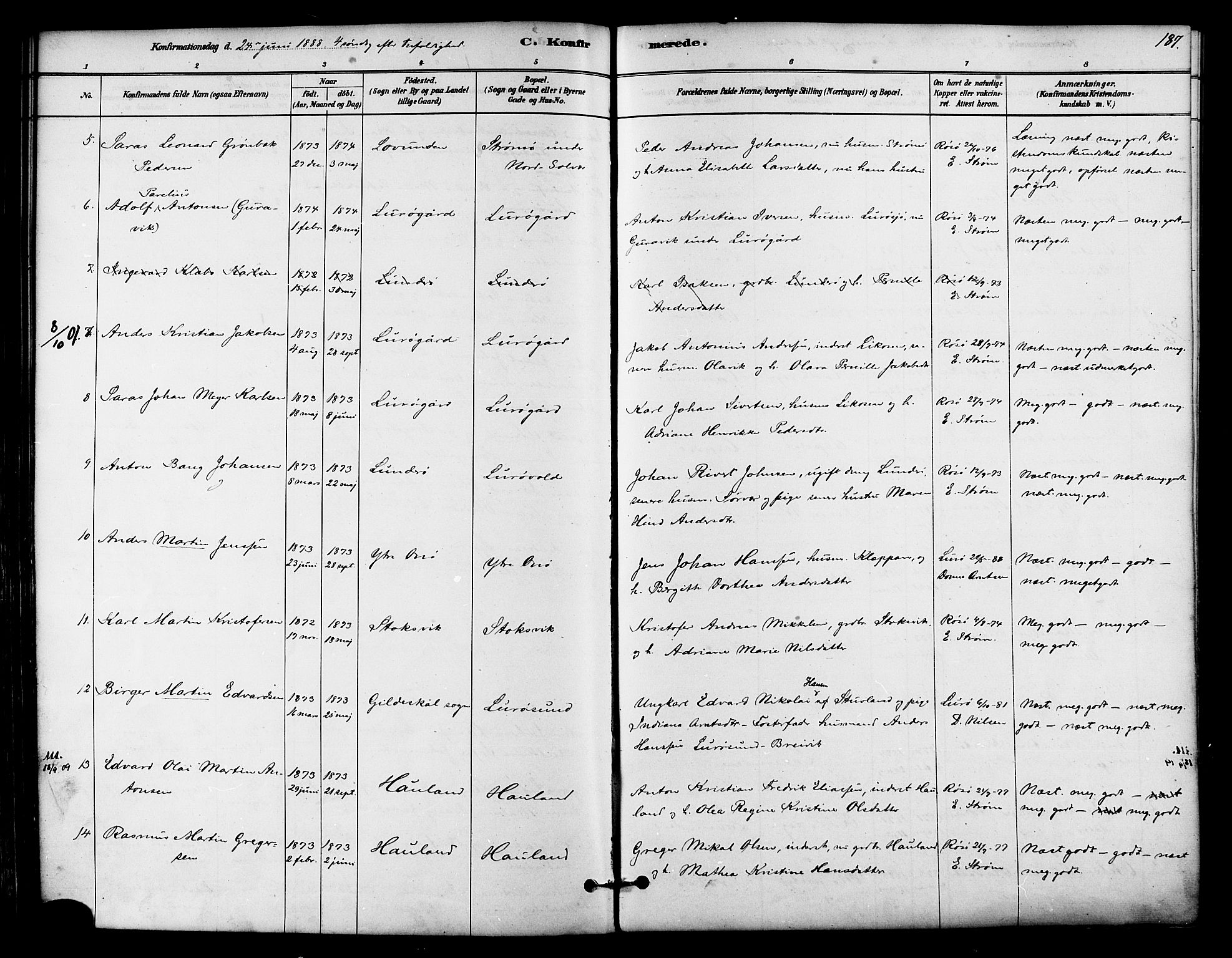 Ministerialprotokoller, klokkerbøker og fødselsregistre - Nordland, SAT/A-1459/839/L0568: Parish register (official) no. 839A05, 1880-1902, p. 187
