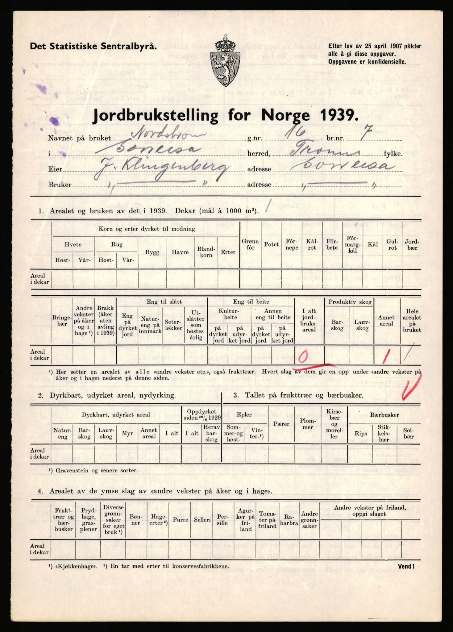 Statistisk sentralbyrå, Næringsøkonomiske emner, Jordbruk, skogbruk, jakt, fiske og fangst, AV/RA-S-2234/G/Gb/L0341: Troms: Sørreisa og Tranøy, 1939, p. 29