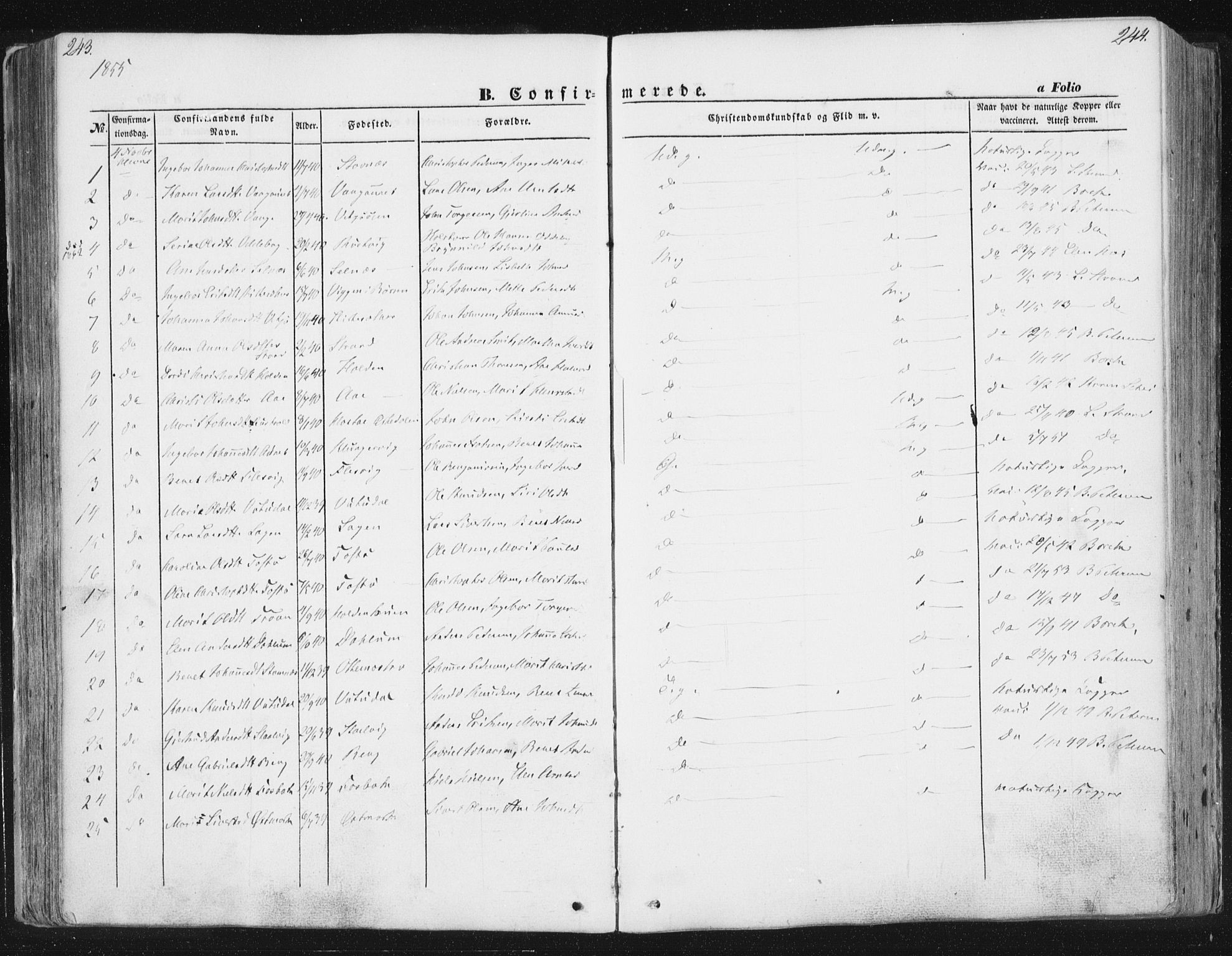 Ministerialprotokoller, klokkerbøker og fødselsregistre - Sør-Trøndelag, AV/SAT-A-1456/630/L0494: Parish register (official) no. 630A07, 1852-1868, p. 243-244