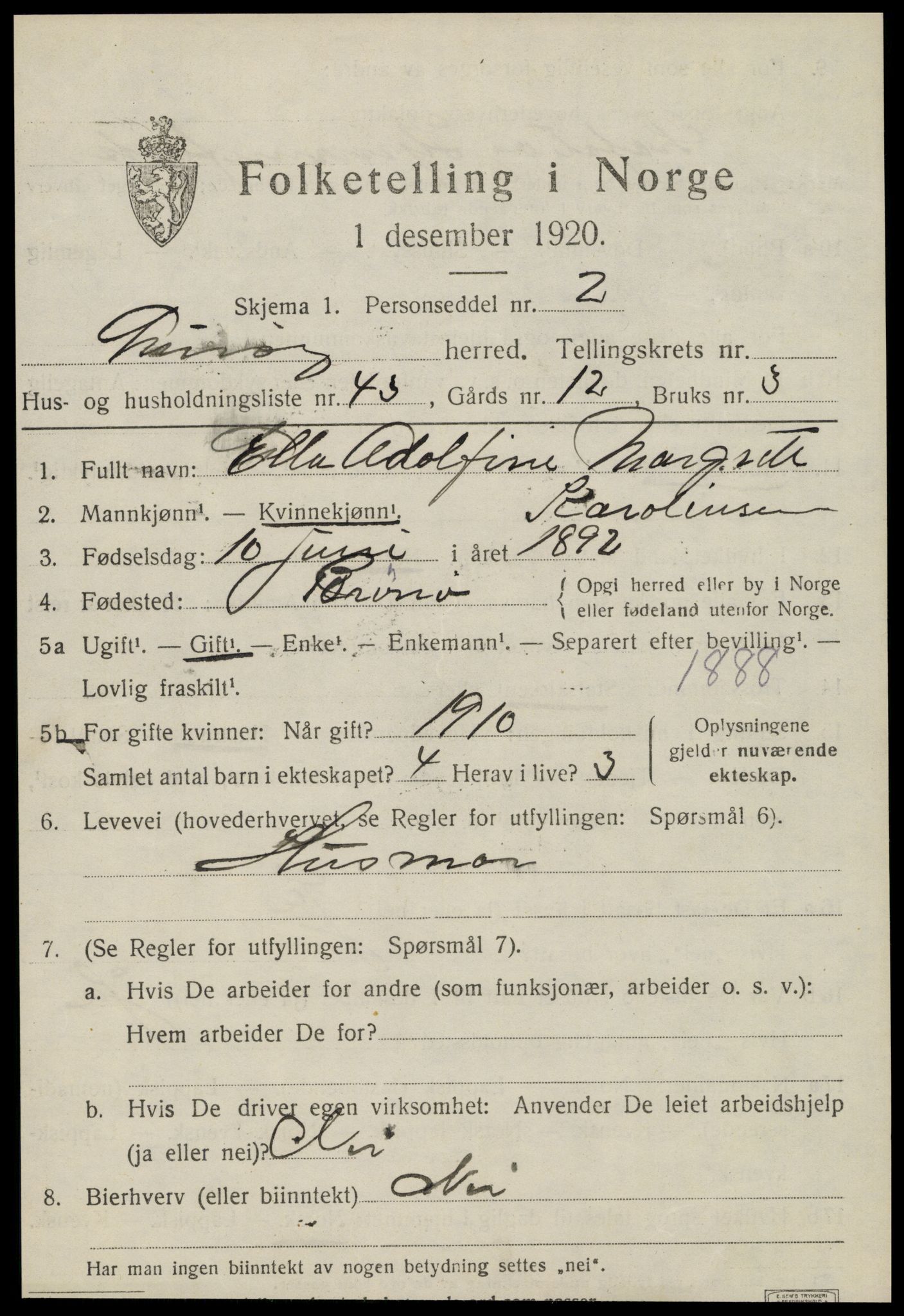 SAT, 1920 census for Lurøy, 1920, p. 2569