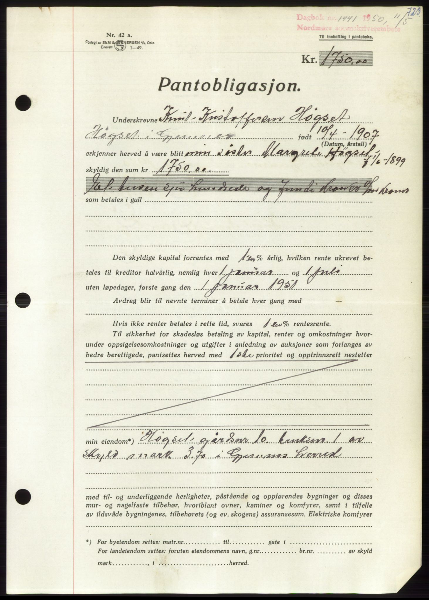 Nordmøre sorenskriveri, AV/SAT-A-4132/1/2/2Ca: Mortgage book no. B104, 1950-1950, Diary no: : 1441/1950