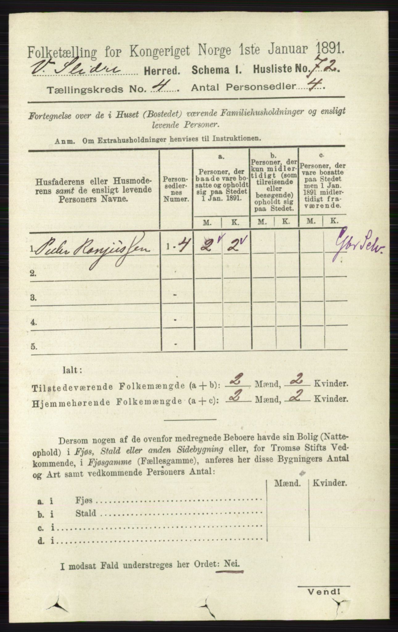 RA, 1891 census for 0543 Vestre Slidre, 1891, p. 1253