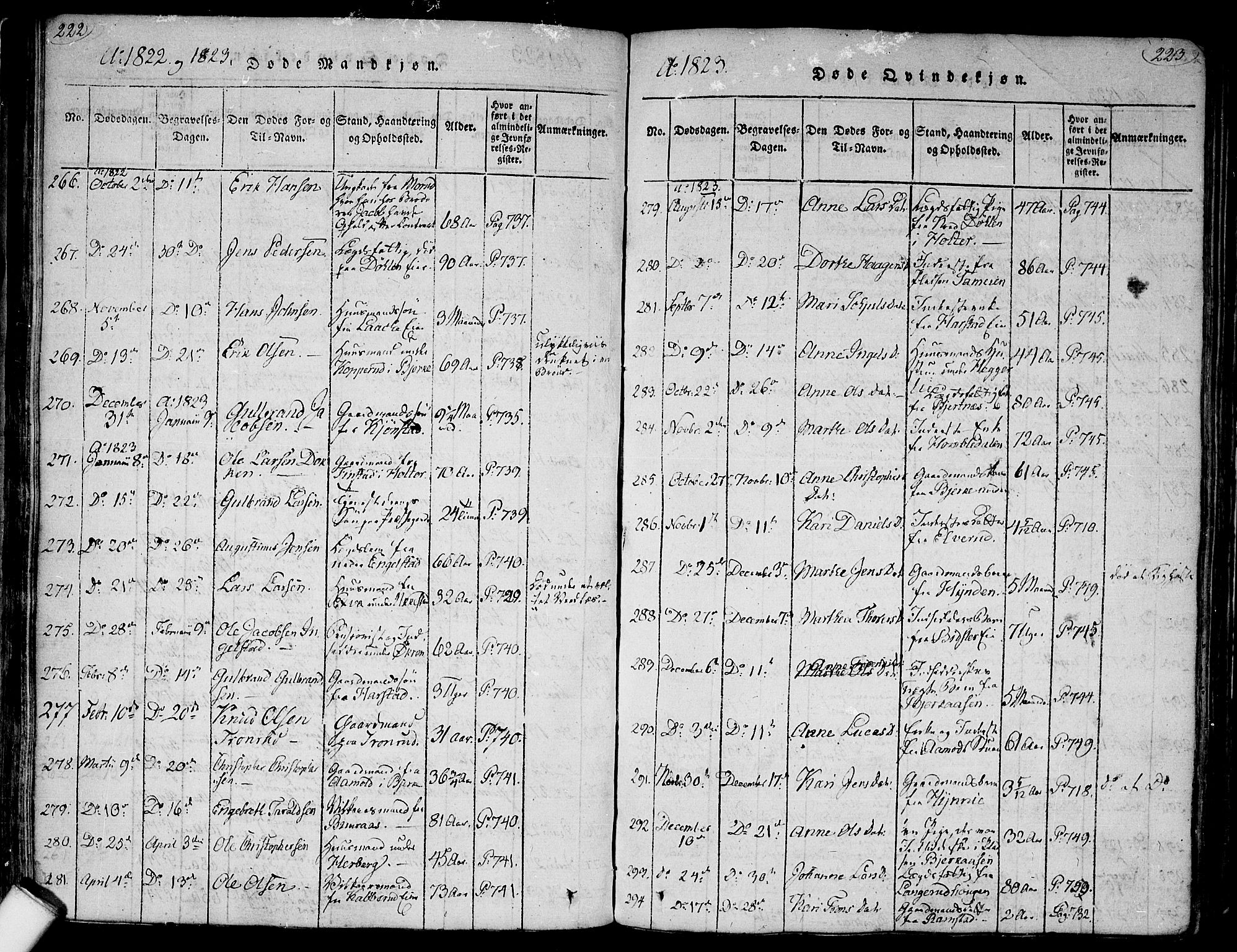 Nannestad prestekontor Kirkebøker, SAO/A-10414a/F/Fa/L0009: Parish register (official) no. I 9, 1815-1840, p. 222-223