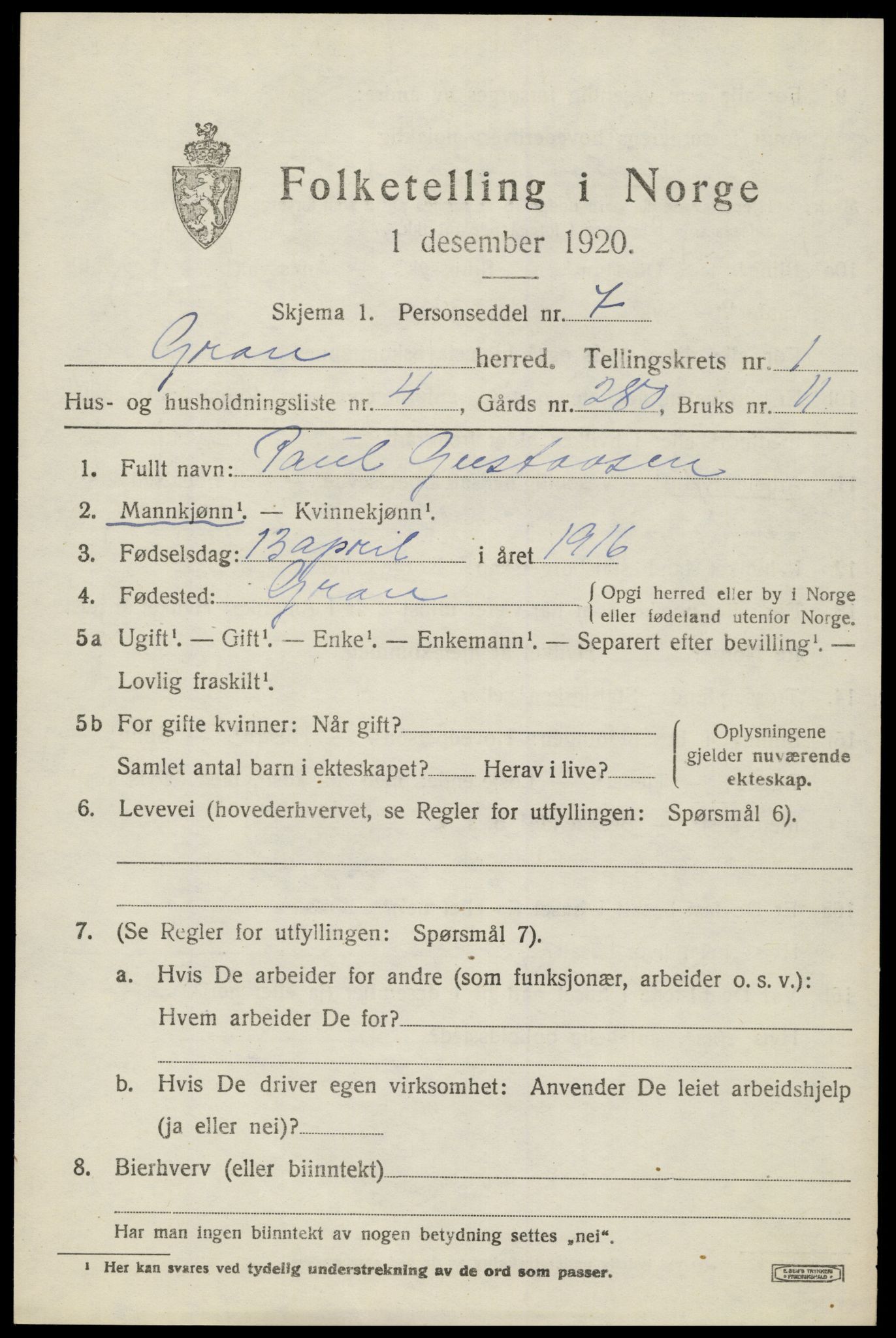 SAH, 1920 census for Gran, 1920, p. 1724