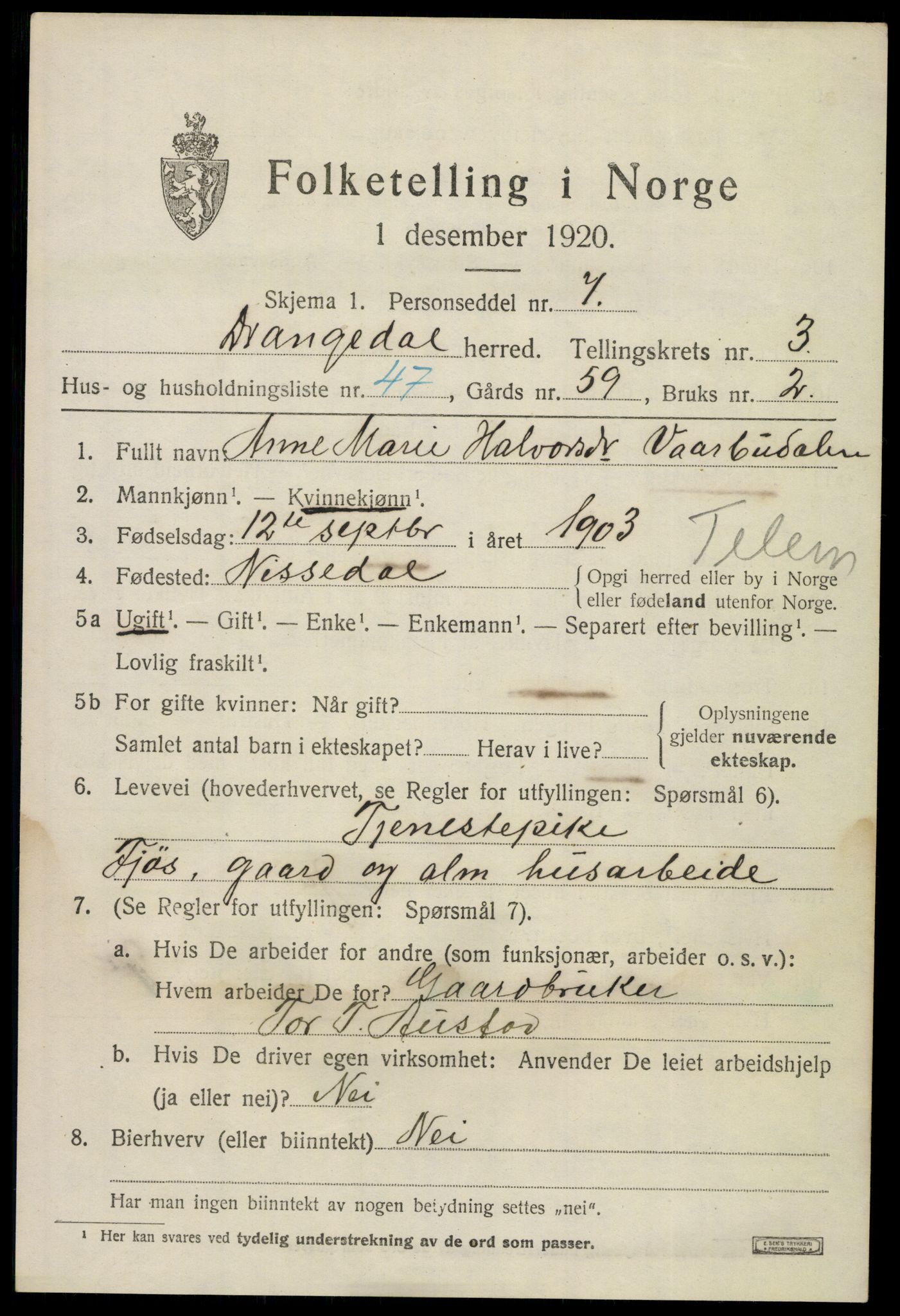 SAKO, 1920 census for Drangedal, 1920, p. 3139