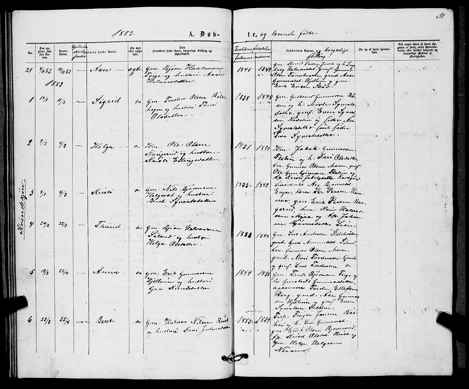 Sigdal kirkebøker, SAKO/A-245/G/Gb/L0002: Parish register (copy) no. II 2, 1875-1900, p. 38