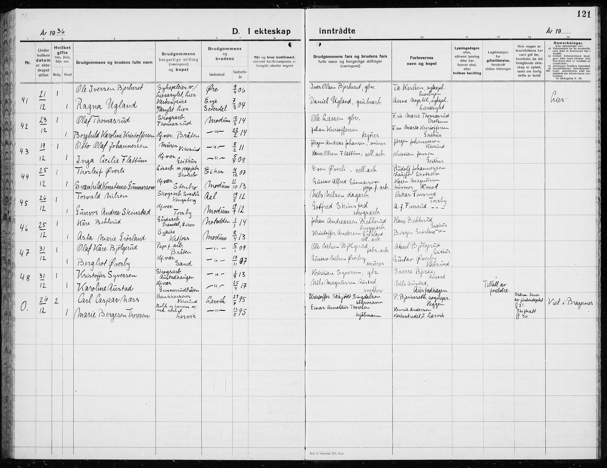 Modum kirkebøker, AV/SAKO-A-234/G/Ga/L0013: Parish register (copy) no. I 13, 1925-1938, p. 121