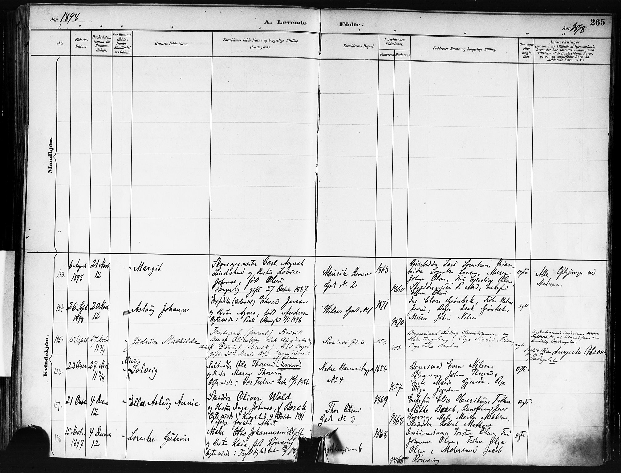 Trefoldighet prestekontor Kirkebøker, AV/SAO-A-10882/F/Fa/L0006: Parish register (official) no. I 6, 1891-1899, p. 265