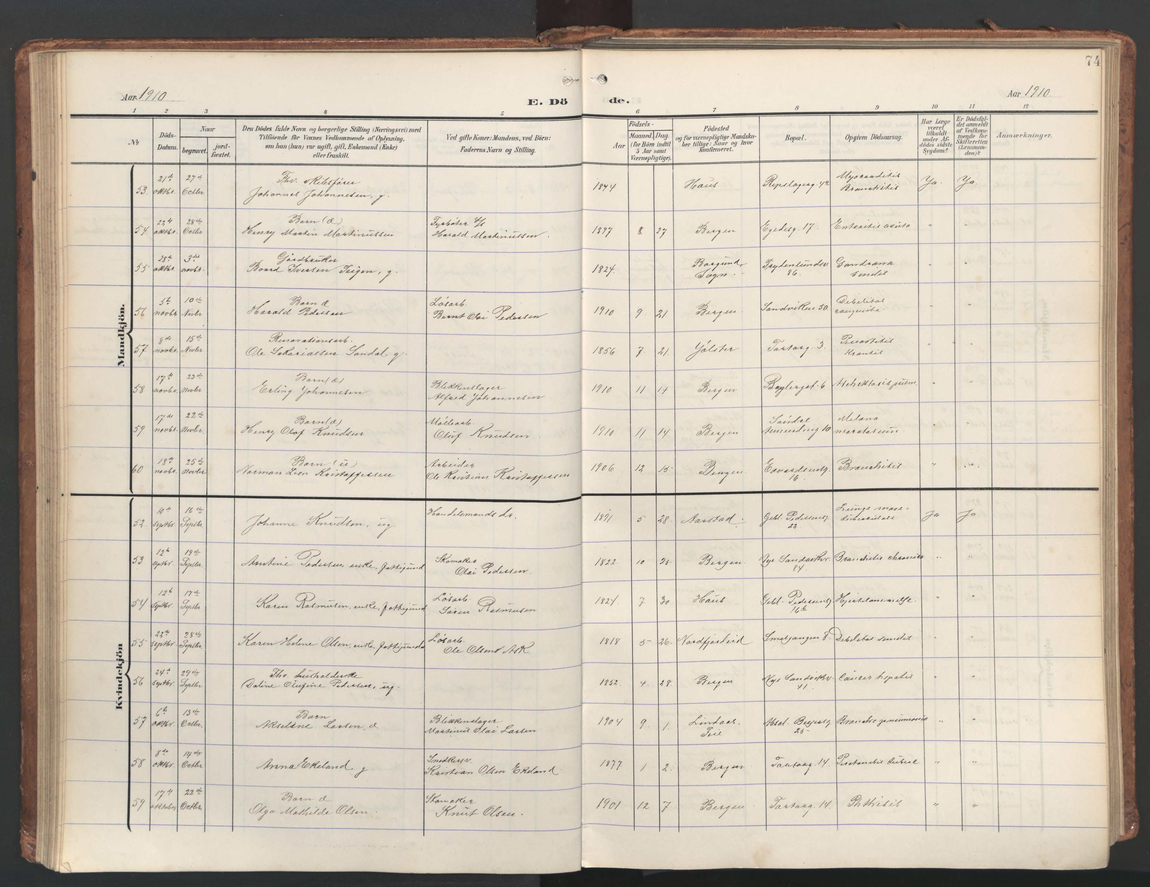 Sandviken Sokneprestembete, AV/SAB-A-77601/H/Ha/L0019: Parish register (official) no. E 2, 1905-1933, p. 74