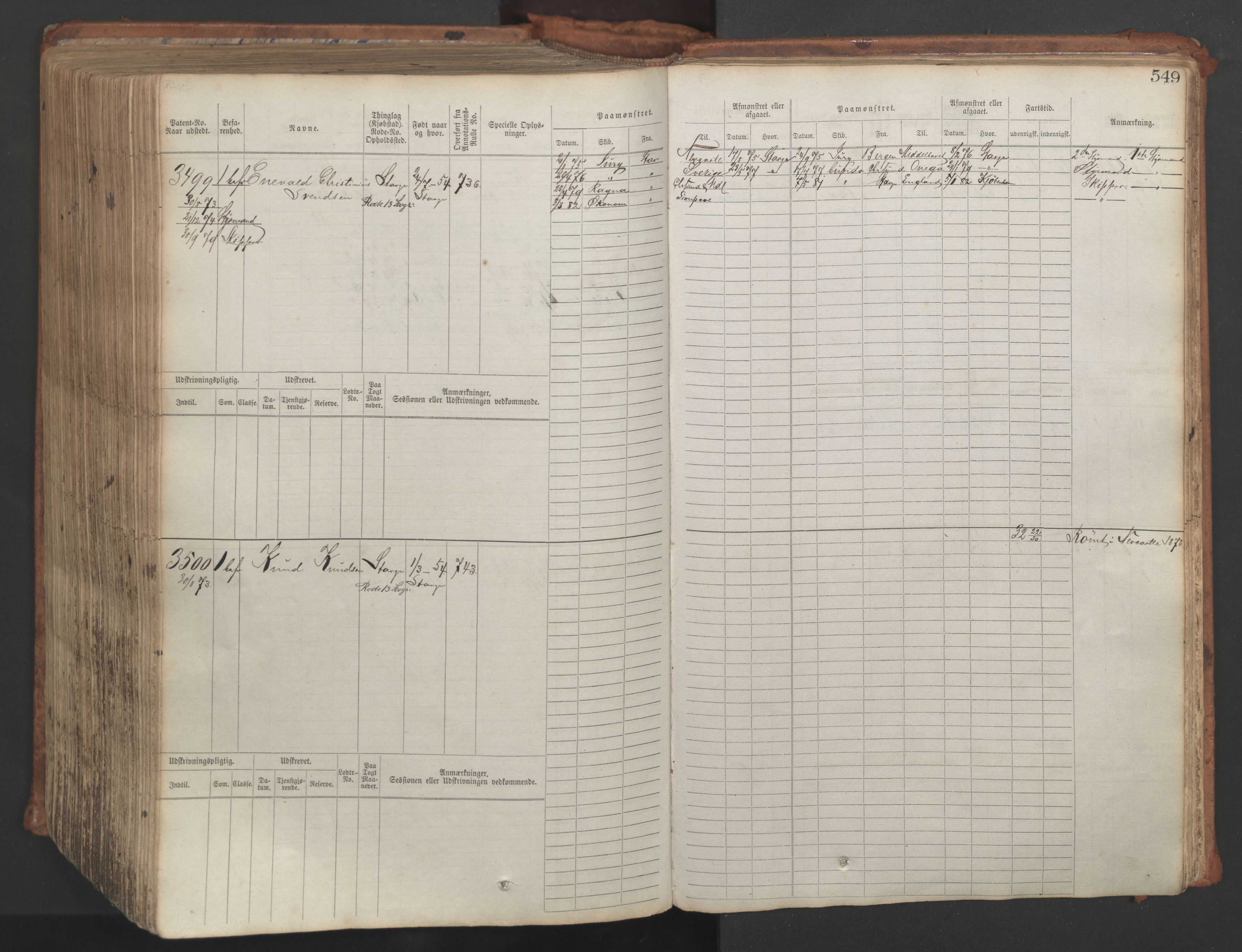 Stavanger sjømannskontor, SAST/A-102006/F/Fb/Fbb/L0007: Sjøfartshovedrulle, patentnr. 2403-3604, 1869-1880, p. 606