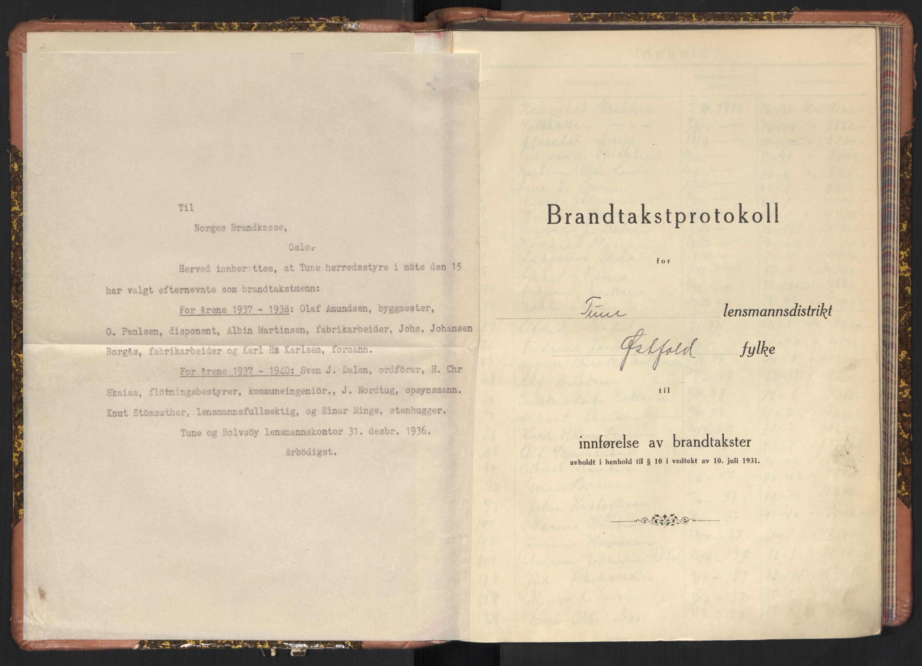 Norges brannkasse, branntakster Tune, AV/SAO-A-11375/F/Fb/L0006: Branntakstprotokoll, 1936-1939