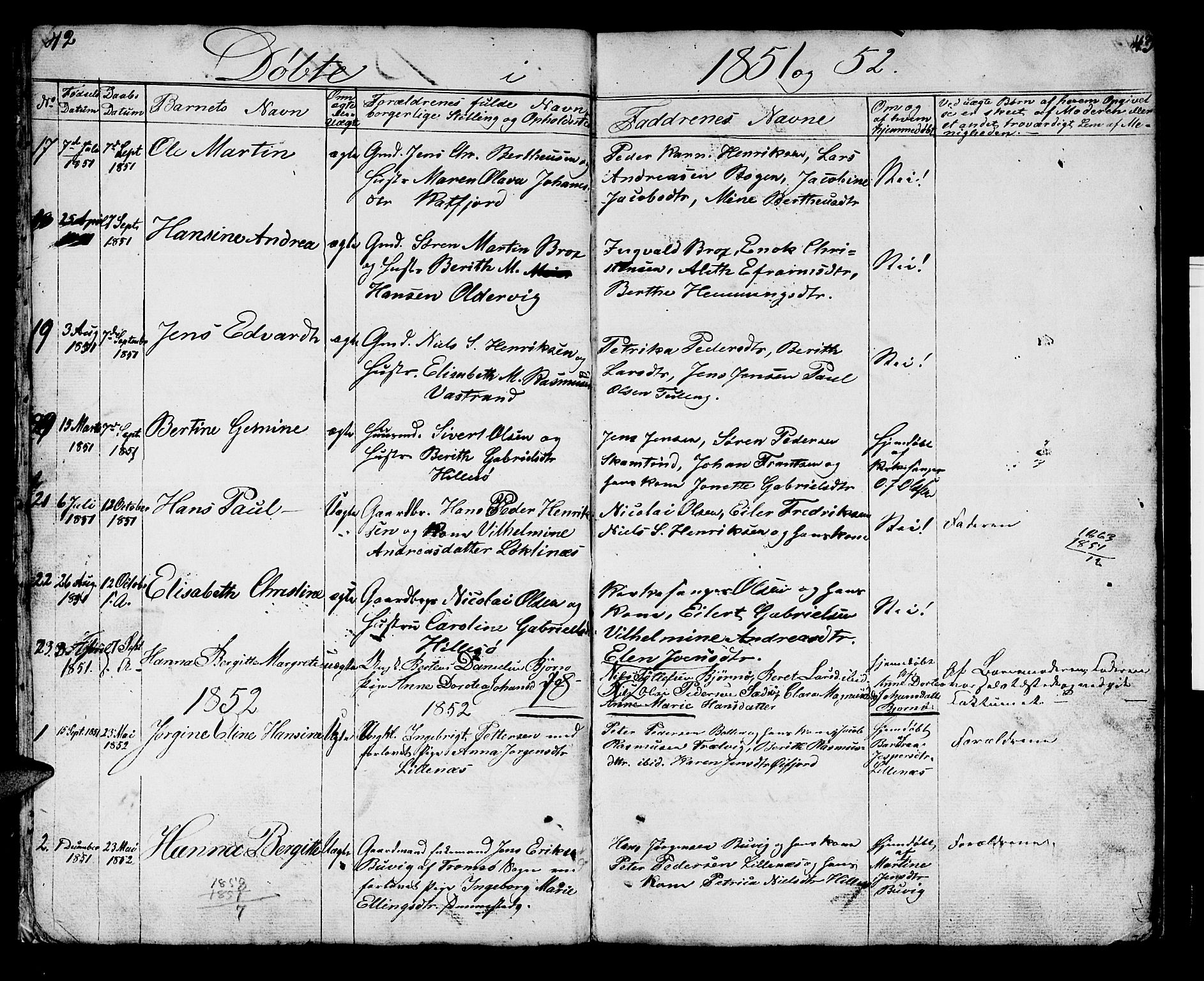 Lenvik sokneprestembete, SATØ/S-1310/H/Ha/Hab/L0018klokker: Parish register (copy) no. 18, 1838-1854, p. 42-43
