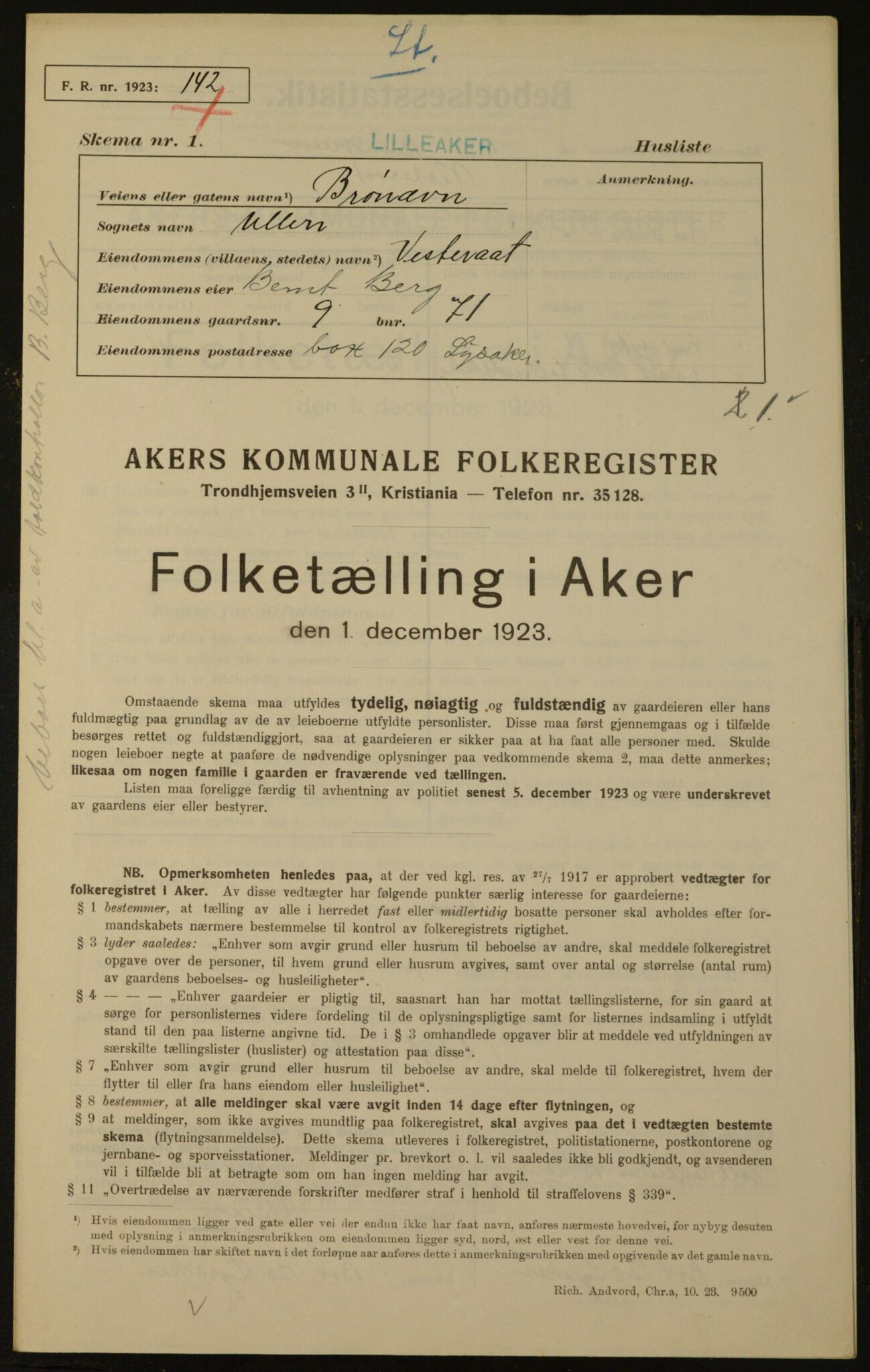 , Municipal Census 1923 for Aker, 1923, p. 808