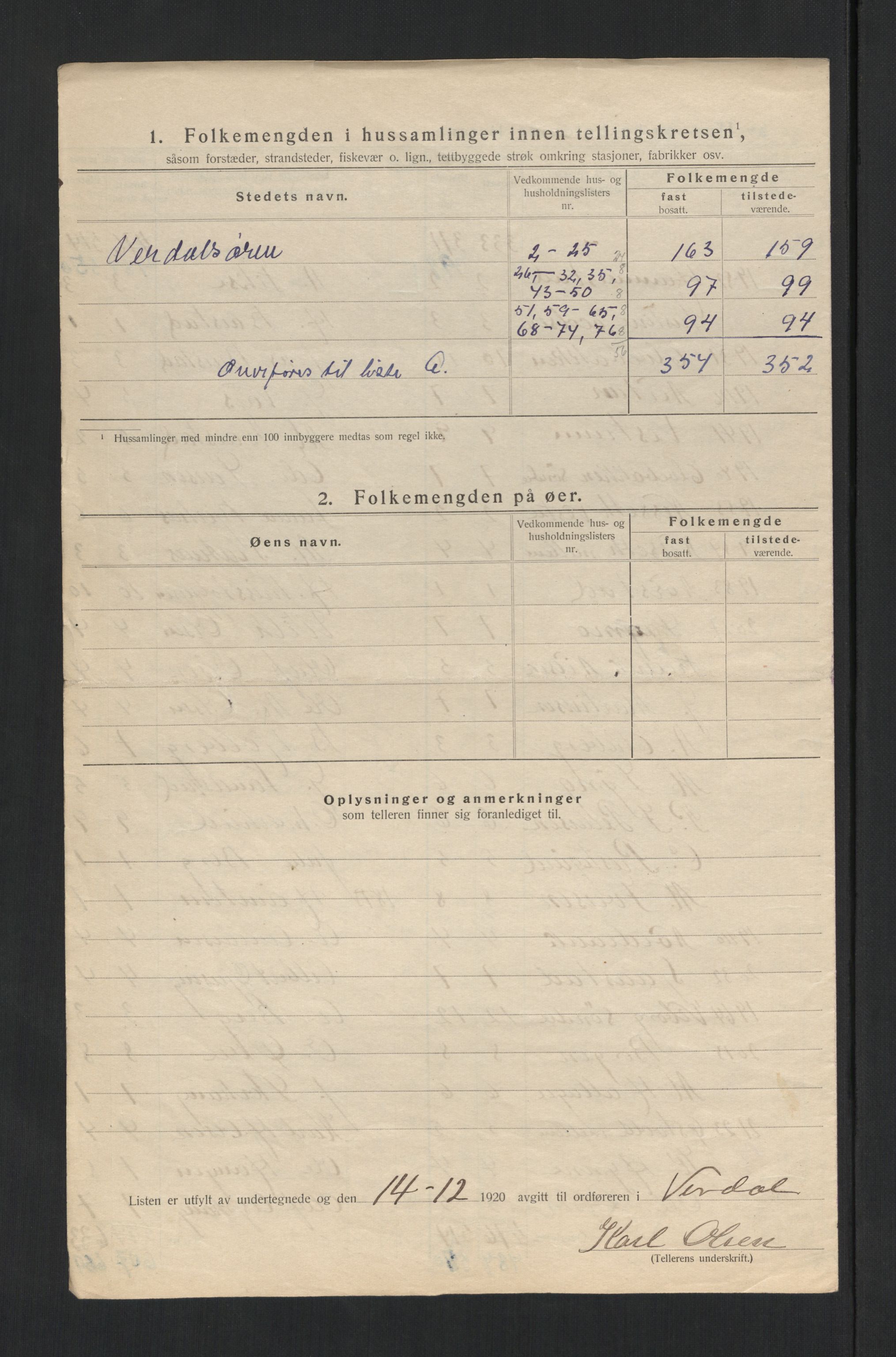 SAT, 1920 census for Verdal, 1920, p. 20