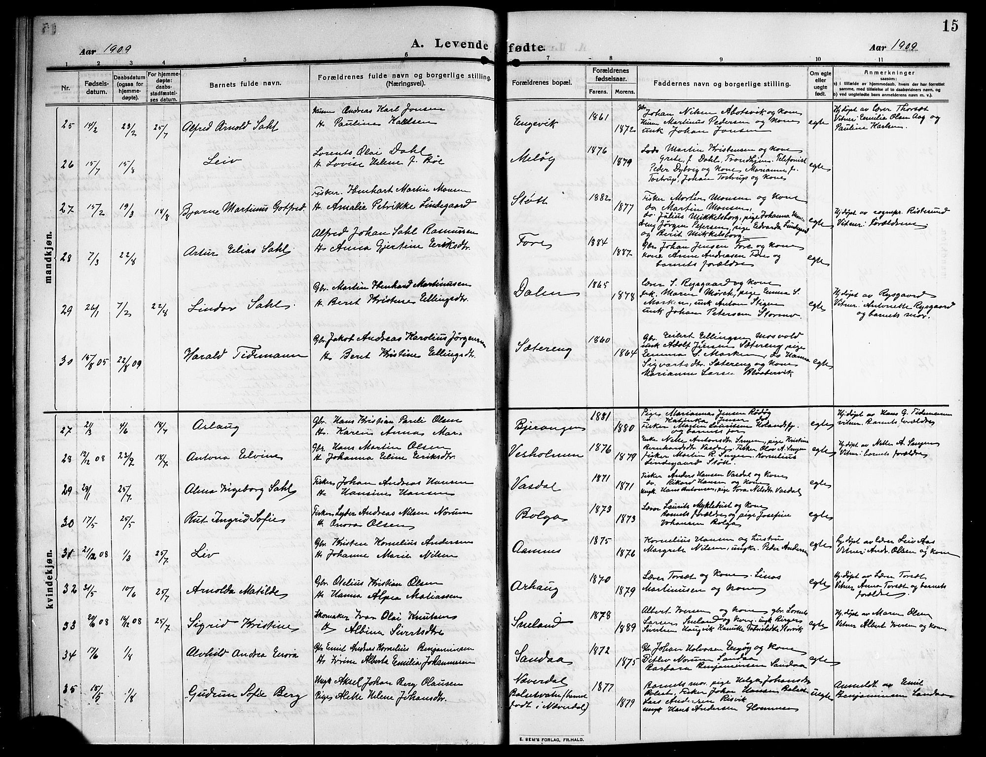 Ministerialprotokoller, klokkerbøker og fødselsregistre - Nordland, AV/SAT-A-1459/843/L0639: Parish register (copy) no. 843C08, 1908-1924, p. 15