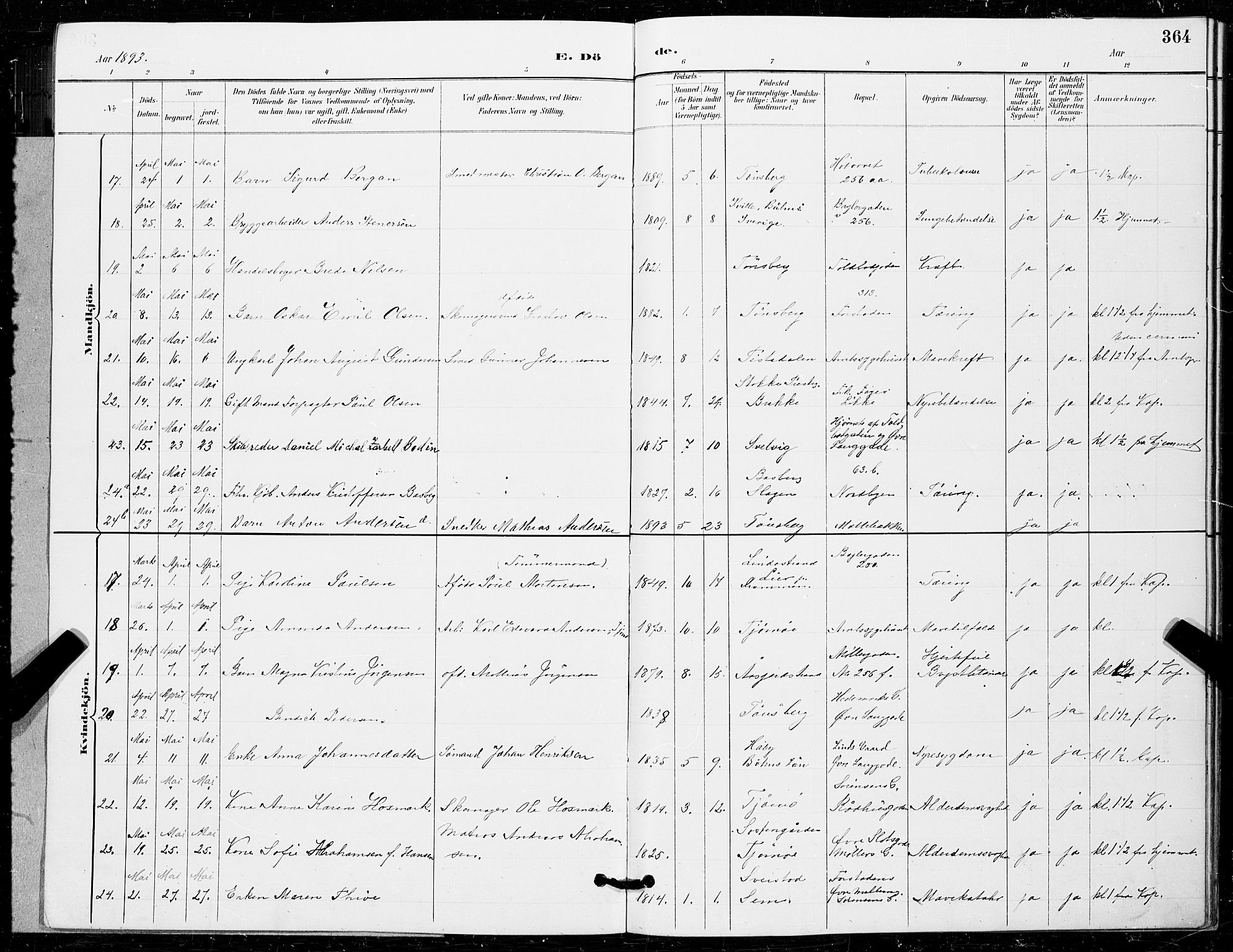 Tønsberg kirkebøker, AV/SAKO-A-330/G/Ga/L0006: Parish register (copy) no. 6, 1885-1895, p. 364