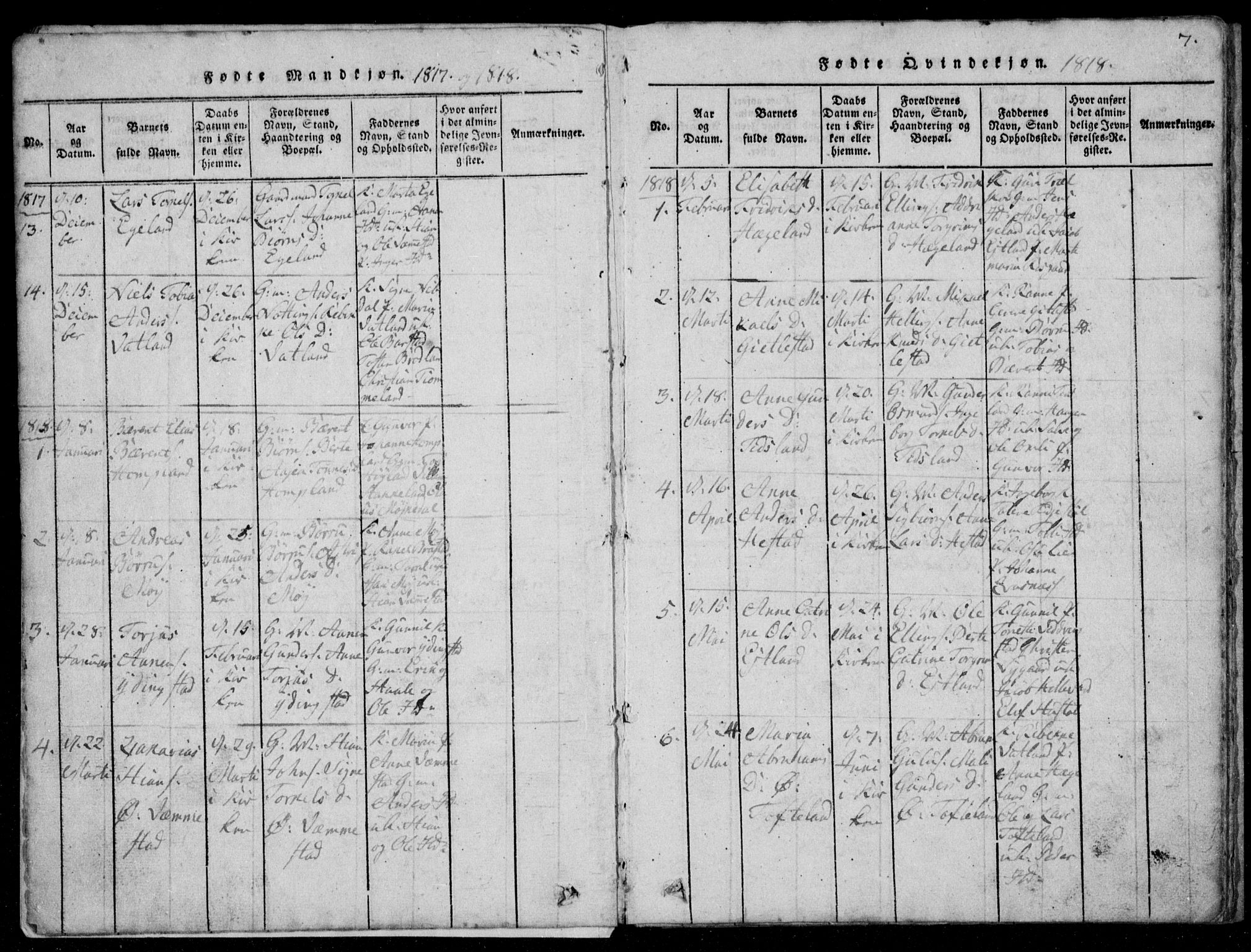 Lyngdal sokneprestkontor, AV/SAK-1111-0029/F/Fb/Fbb/L0001: Parish register (copy) no. B 1, 1816-1900, p. 7