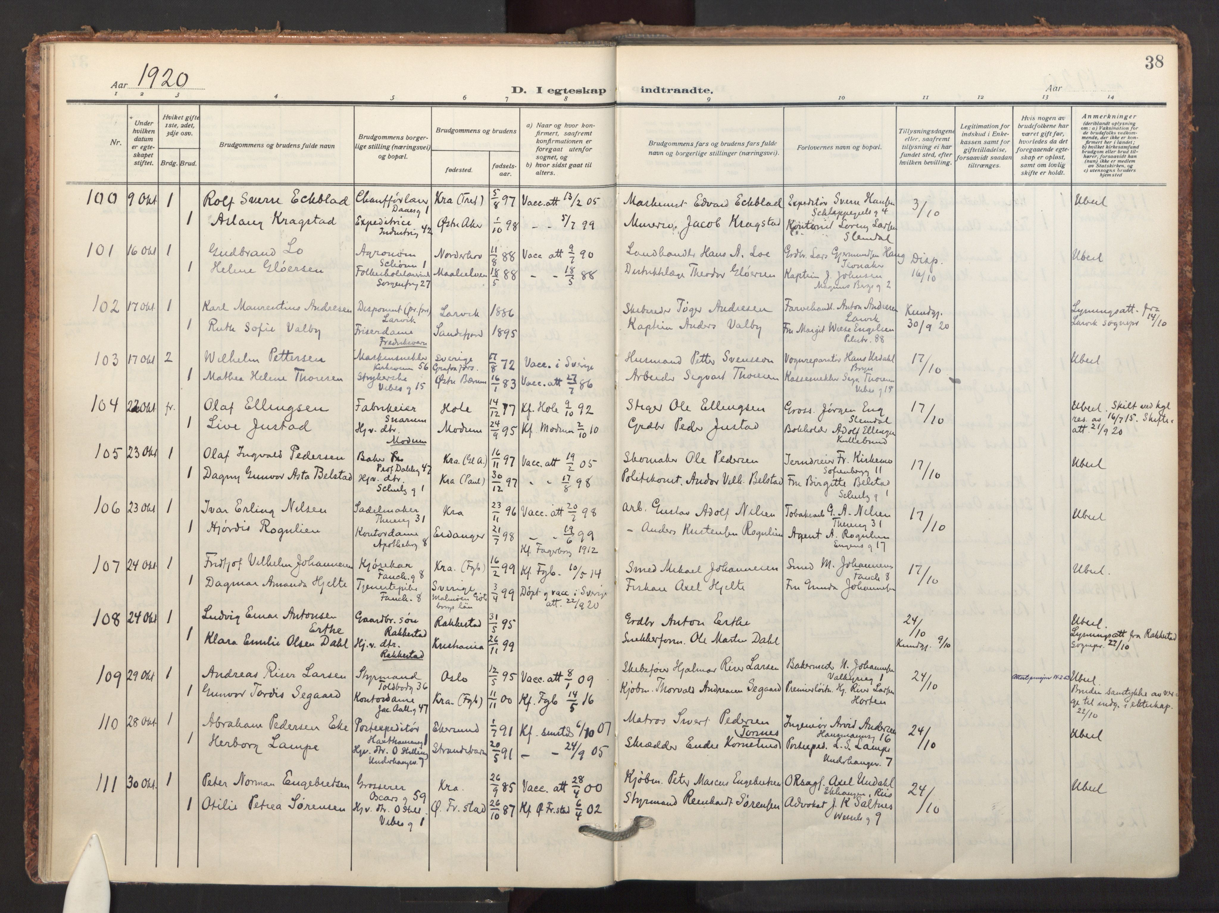 Fagerborg prestekontor Kirkebøker, AV/SAO-A-10844/F/Fa/L0007: Parish register (official) no. 7, 1917-1934, p. 38