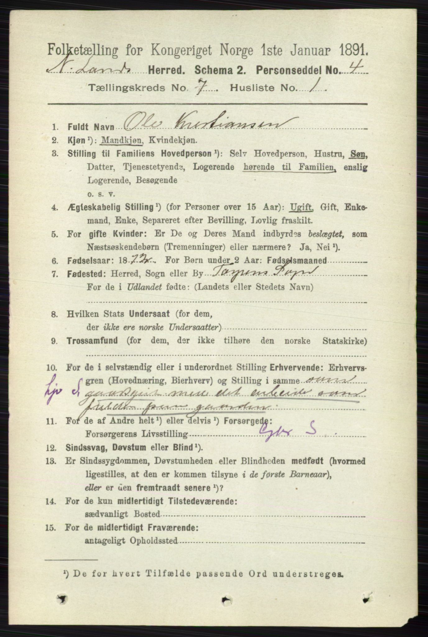 RA, 1891 census for 0538 Nordre Land, 1891, p. 1938