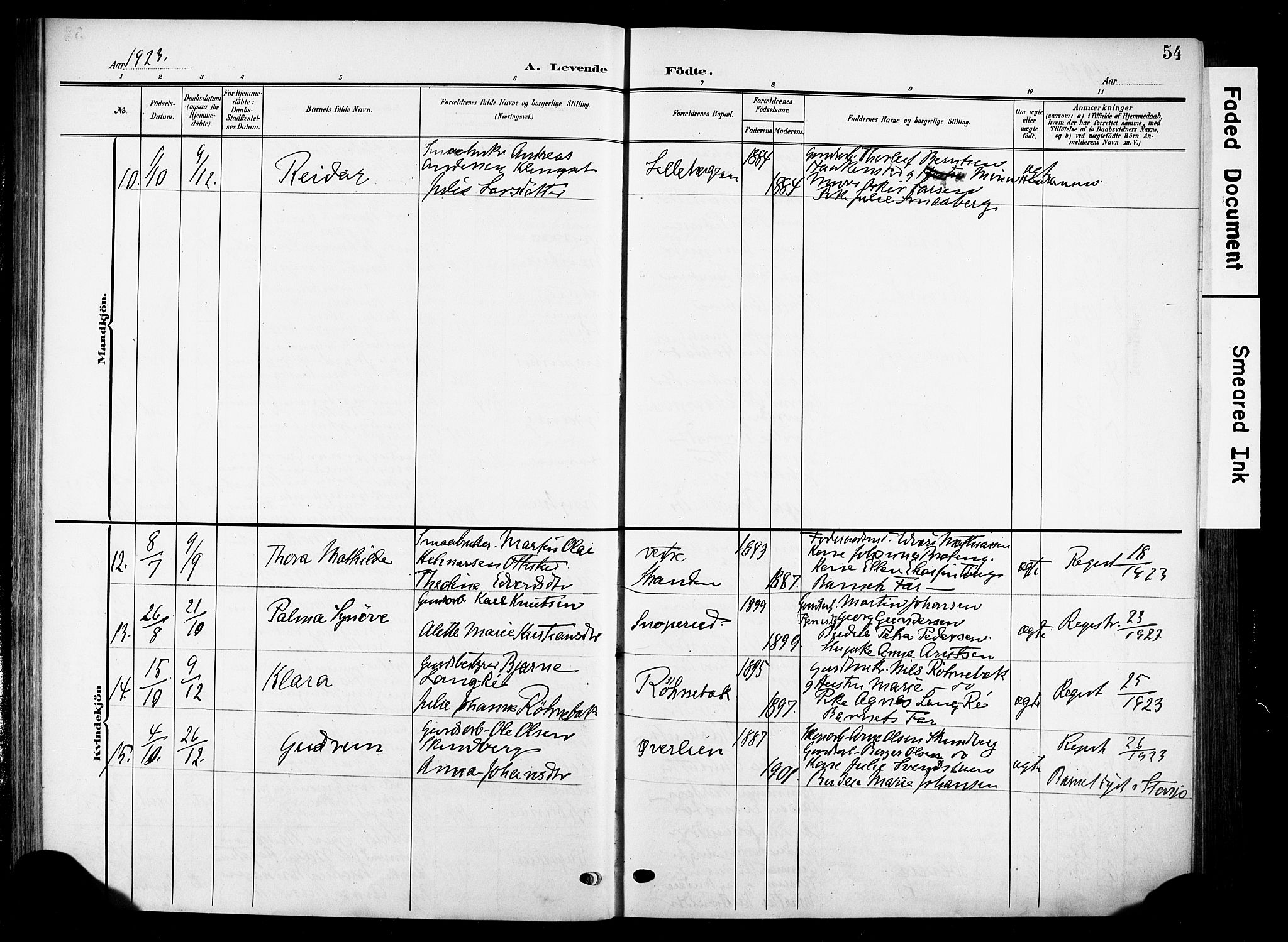 Nes prestekontor, Hedmark, AV/SAH-PREST-020/K/Ka/L0014: Parish register (official) no. 14, 1906-1929, p. 54