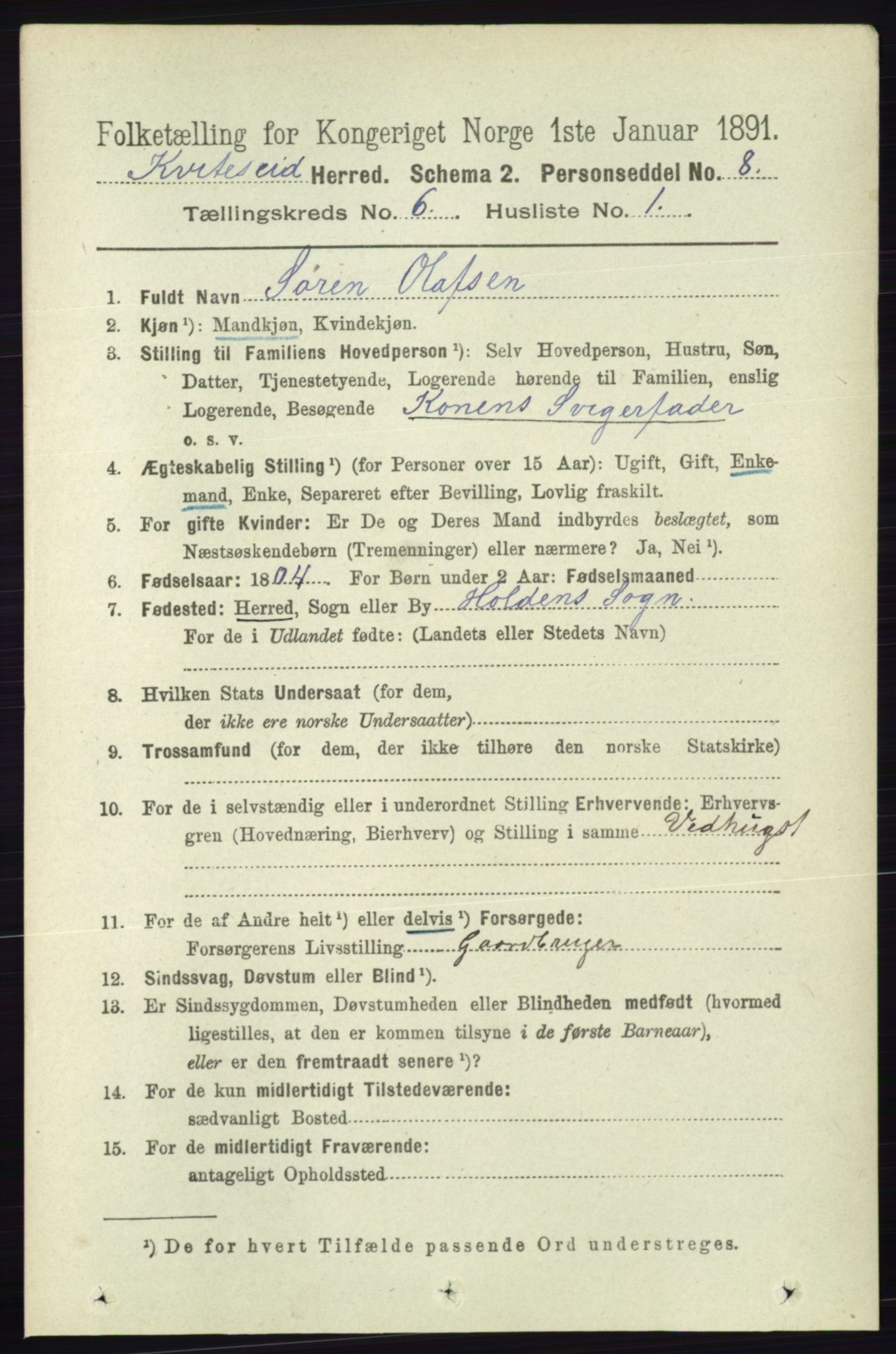 RA, 1891 census for 0829 Kviteseid, 1891, p. 1175