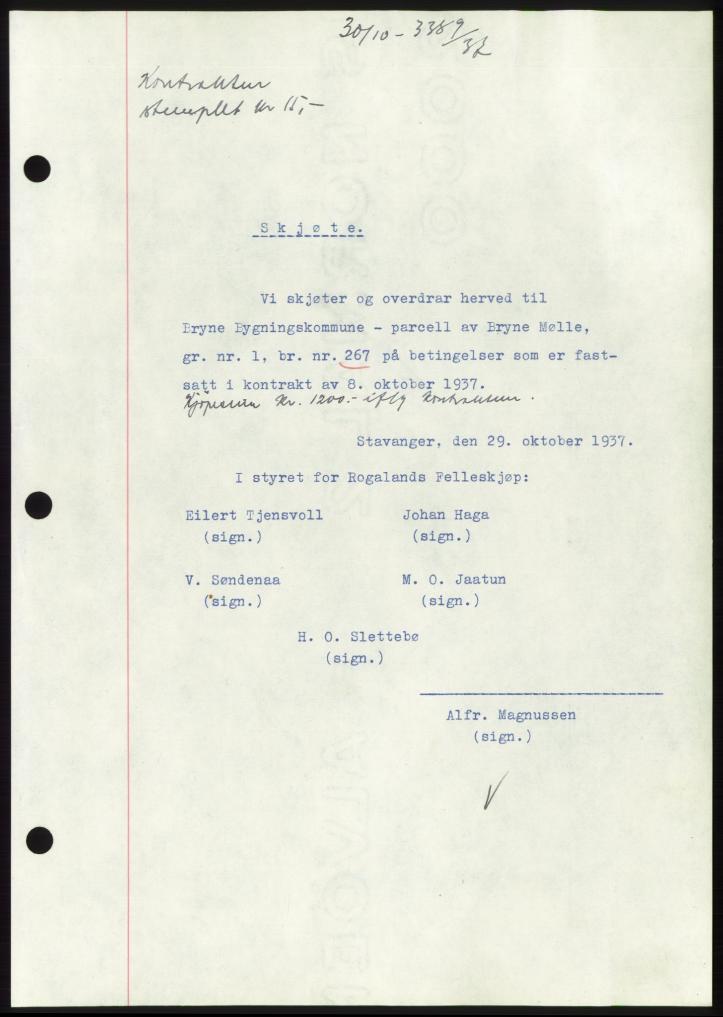 Jæren sorenskriveri, SAST/A-100310/03/G/Gba/L0069: Mortgage book, 1937-1937, Diary no: : 3389/1937
